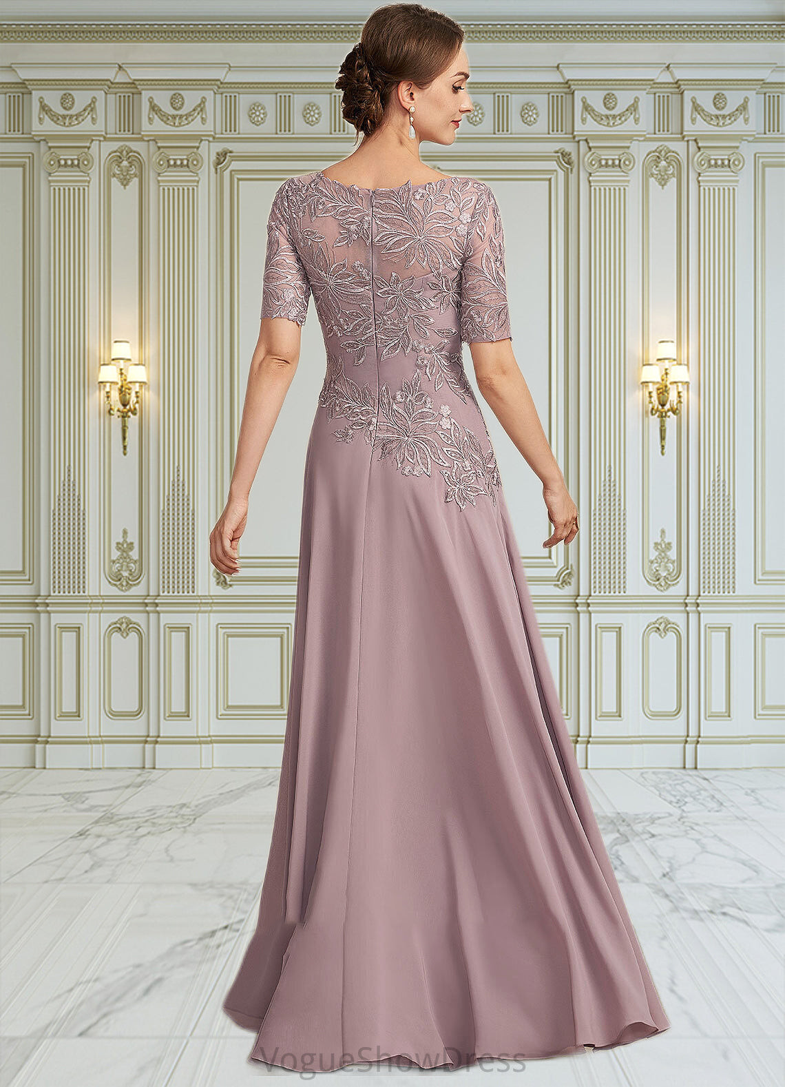 Brooklyn A-Line Scoop Neck Floor-Length Chiffon Lace Mother of the Bride Dress DL126P0014628