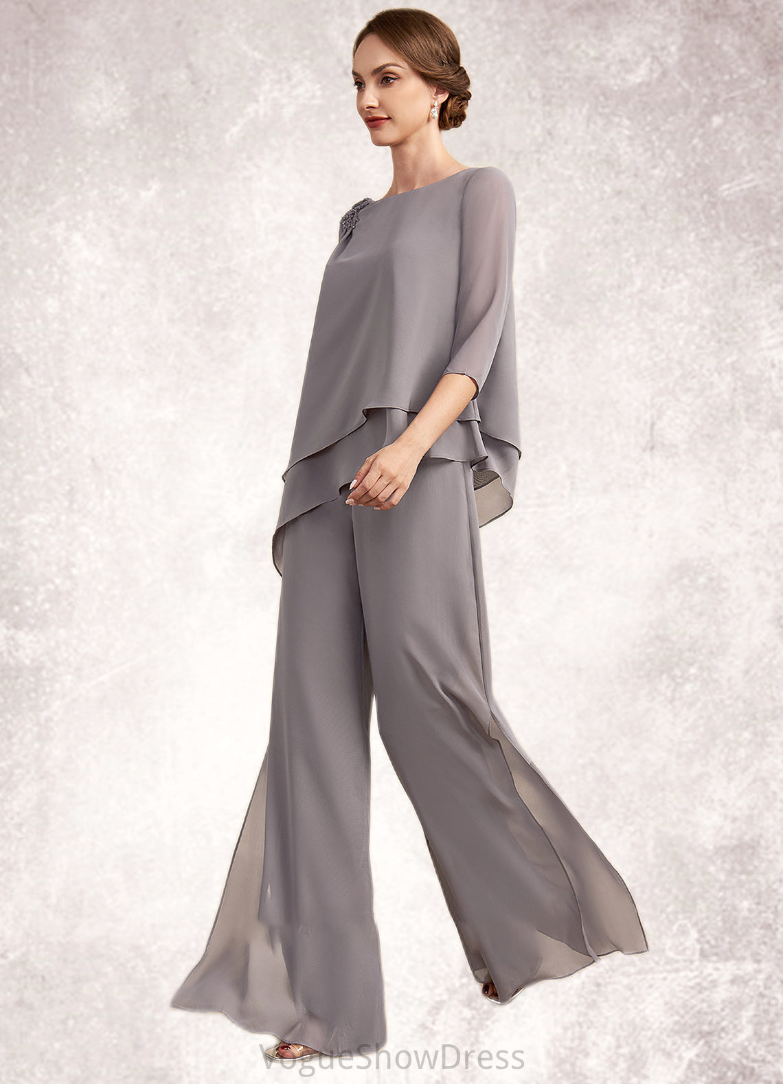 Natalia Jumpsuit/Pantsuit Scoop Neck Floor-Length Chiffon Mother of the Bride Dress With Beading DL126P0014630