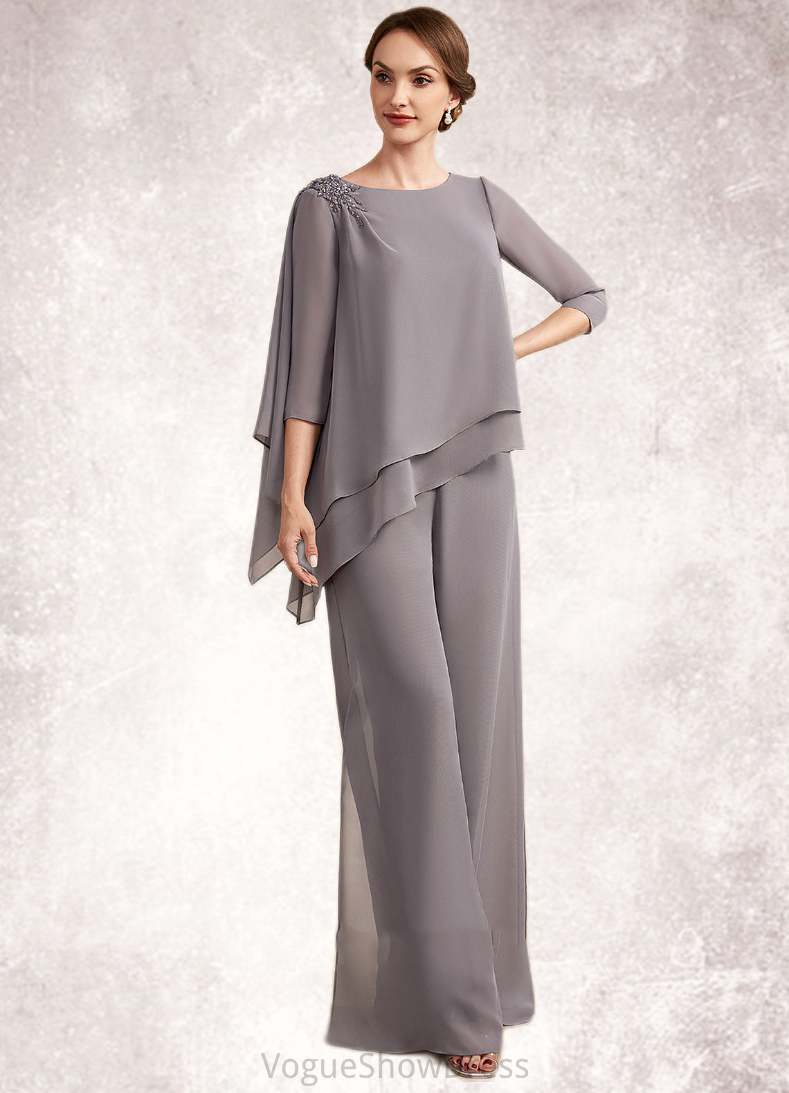 Natalia Jumpsuit/Pantsuit Scoop Neck Floor-Length Chiffon Mother of the Bride Dress With Beading DL126P0014630