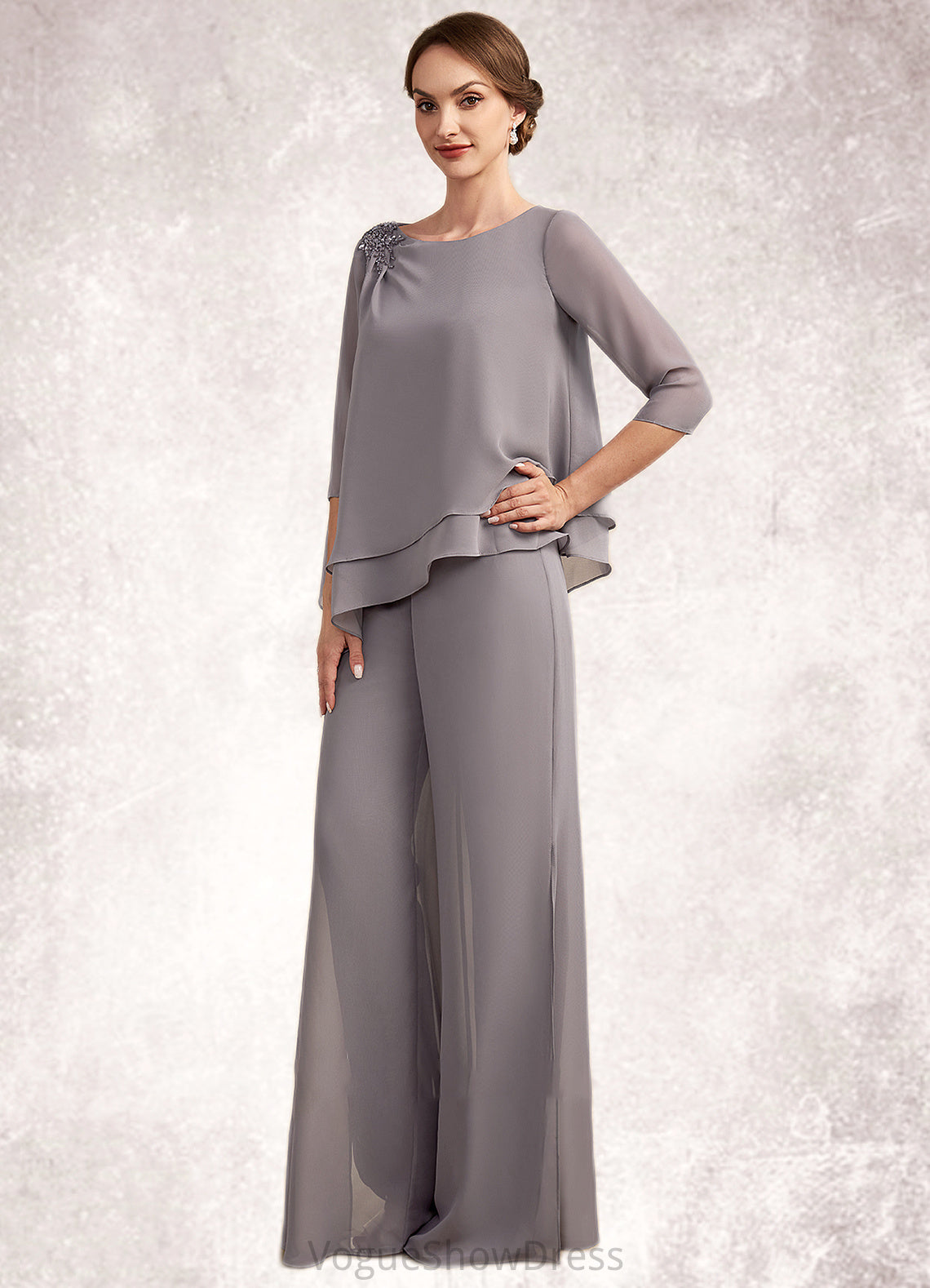 Natalia Jumpsuit/Pantsuit Scoop Neck Floor-Length Chiffon Mother of the Bride Dress With Beading DL126P0014630