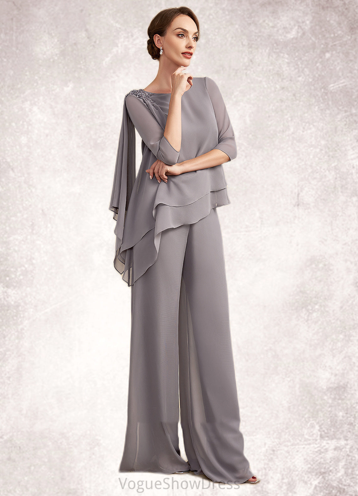 Natalia Jumpsuit/Pantsuit Scoop Neck Floor-Length Chiffon Mother of the Bride Dress With Beading DL126P0014630