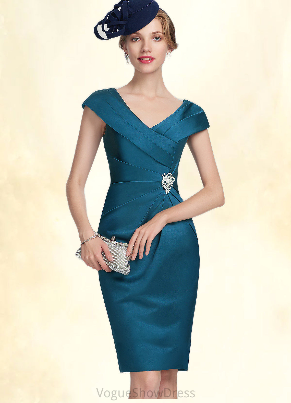 Giuliana Sheath/Column V-neck Knee-Length Satin Mother of the Bride Dress With Ruffle Beading DL126P0014631