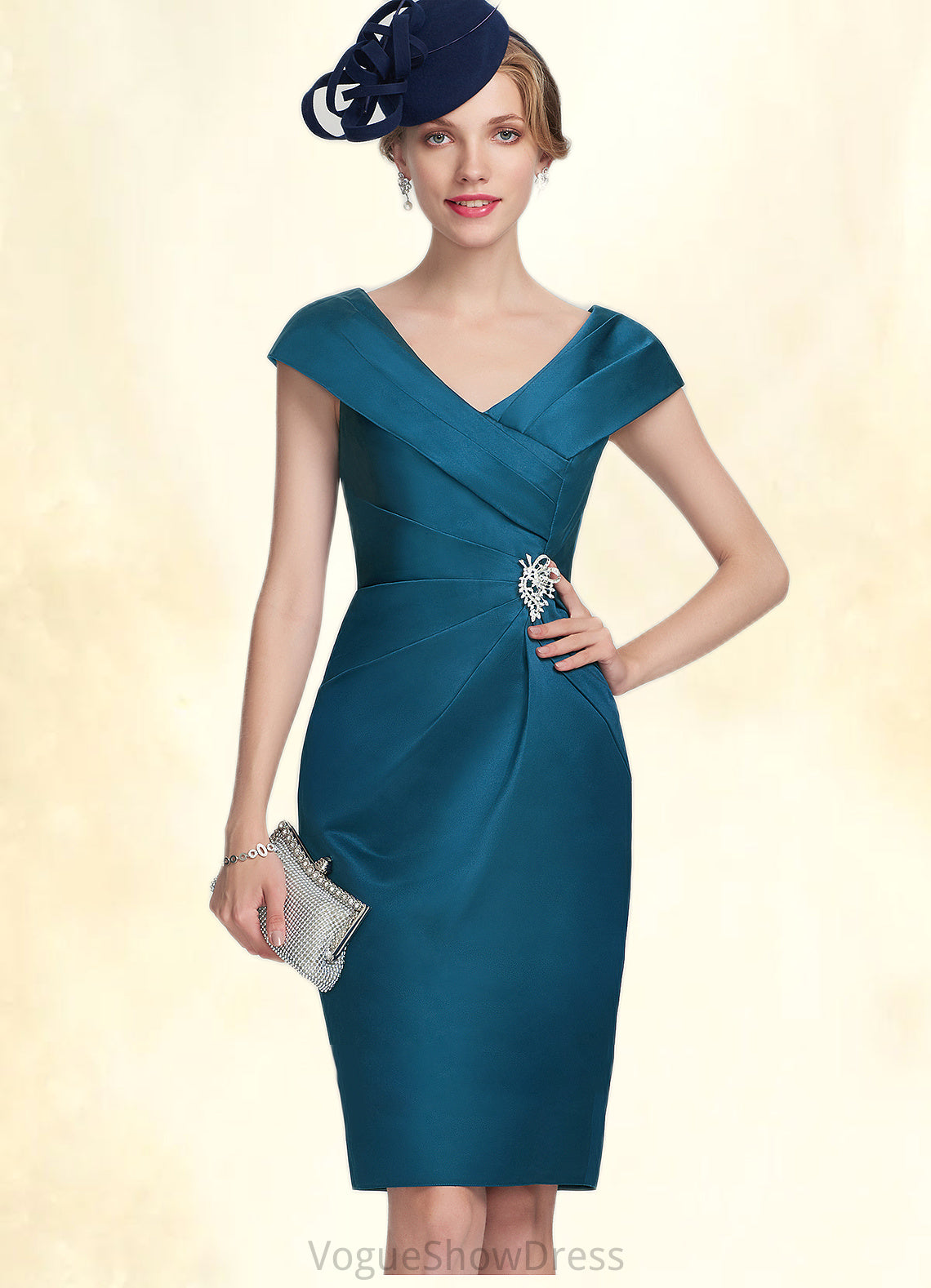 Giuliana Sheath/Column V-neck Knee-Length Satin Mother of the Bride Dress With Ruffle Beading DL126P0014631