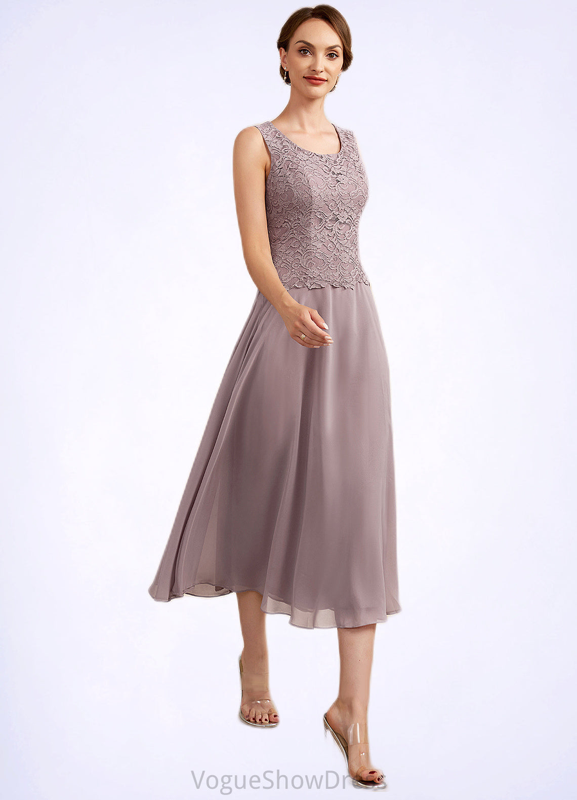 Cheyanne A-Line Scoop Neck Tea-Length Chiffon Lace Mother of the Bride Dress DL126P0014633