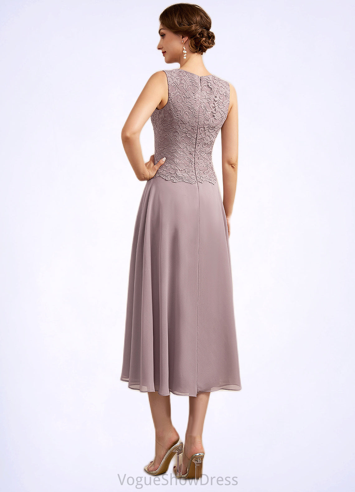 Cheyanne A-Line Scoop Neck Tea-Length Chiffon Lace Mother of the Bride Dress DL126P0014633