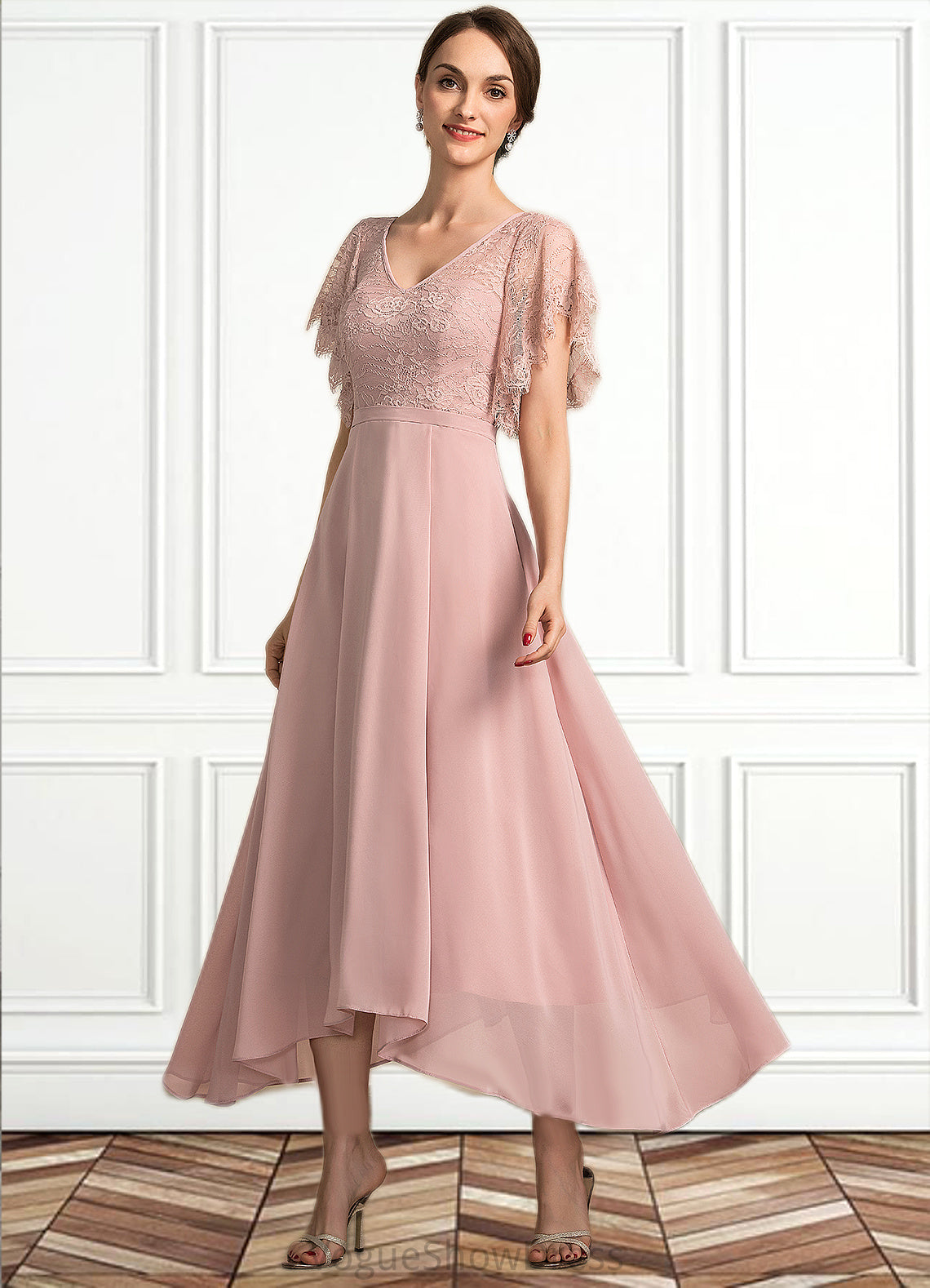 Amy A-line V-Neck Ankle-Length Chiffon Lace Mother of the Bride Dress DL126P0014636