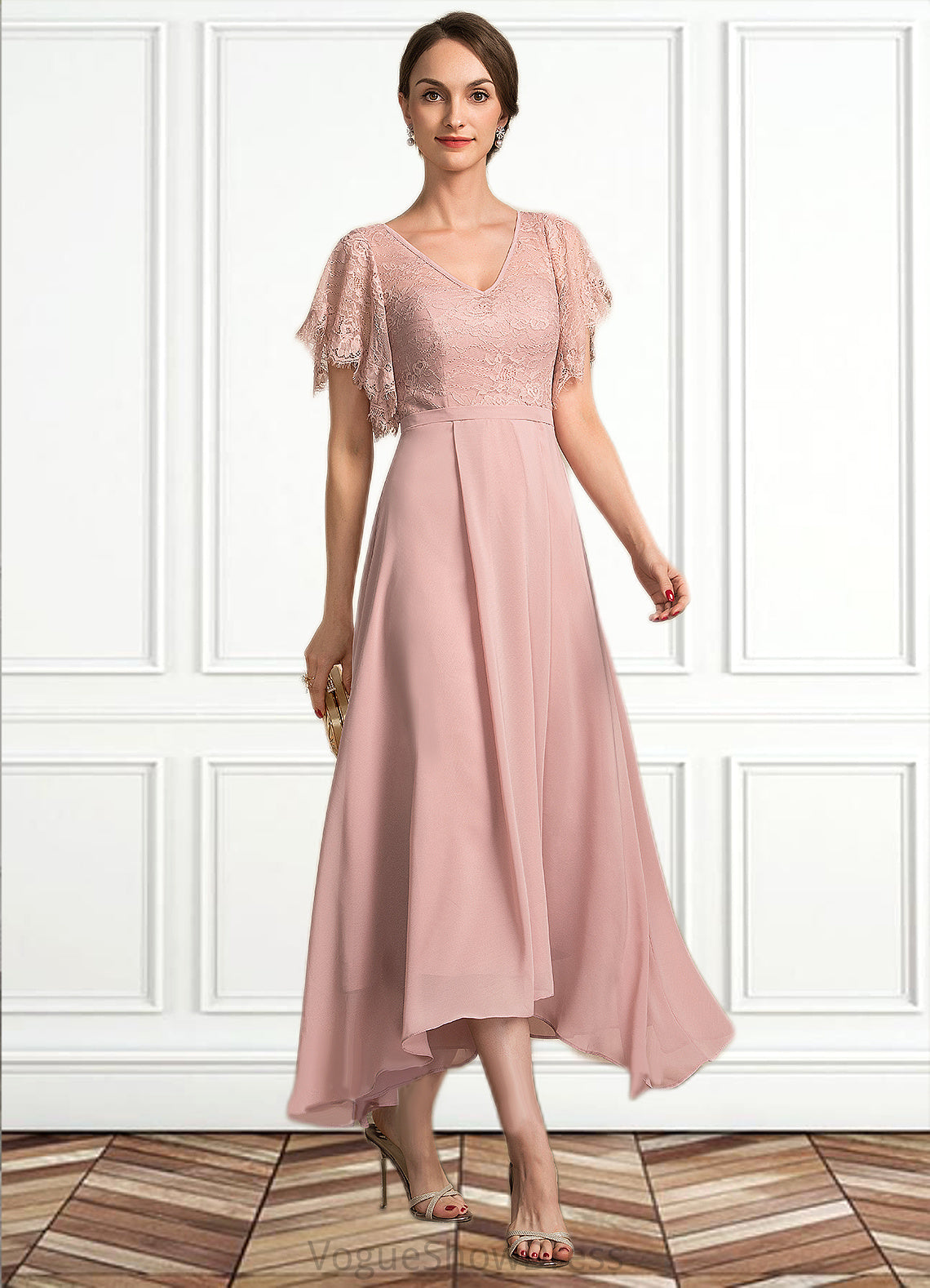 Amy A-line V-Neck Ankle-Length Chiffon Lace Mother of the Bride Dress DL126P0014636