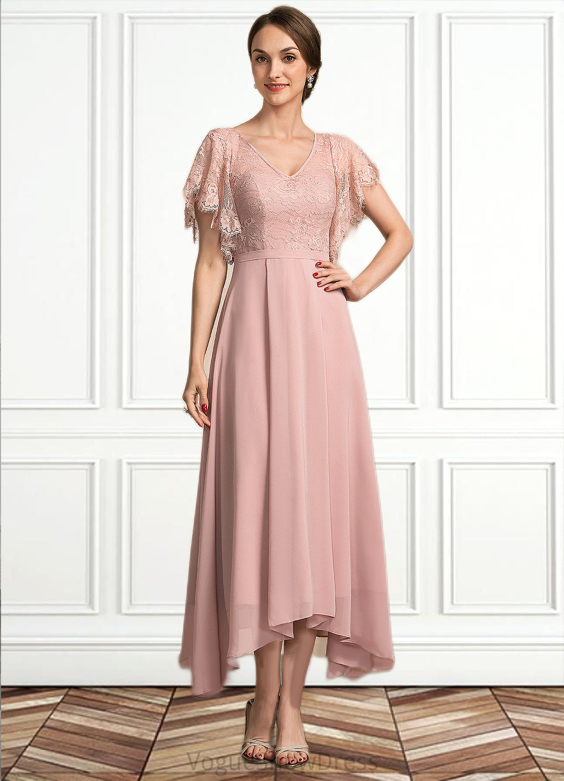 Amy A-line V-Neck Ankle-Length Chiffon Lace Mother of the Bride Dress DL126P0014636