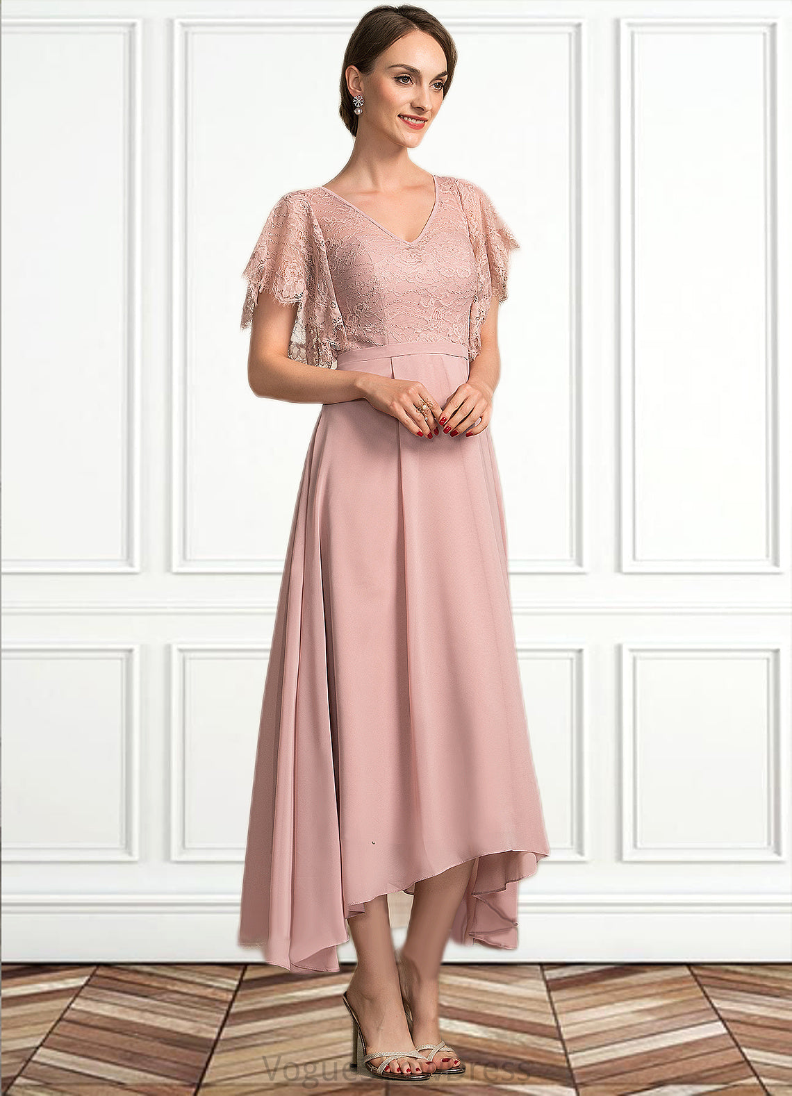 Amy A-line V-Neck Ankle-Length Chiffon Lace Mother of the Bride Dress DL126P0014636