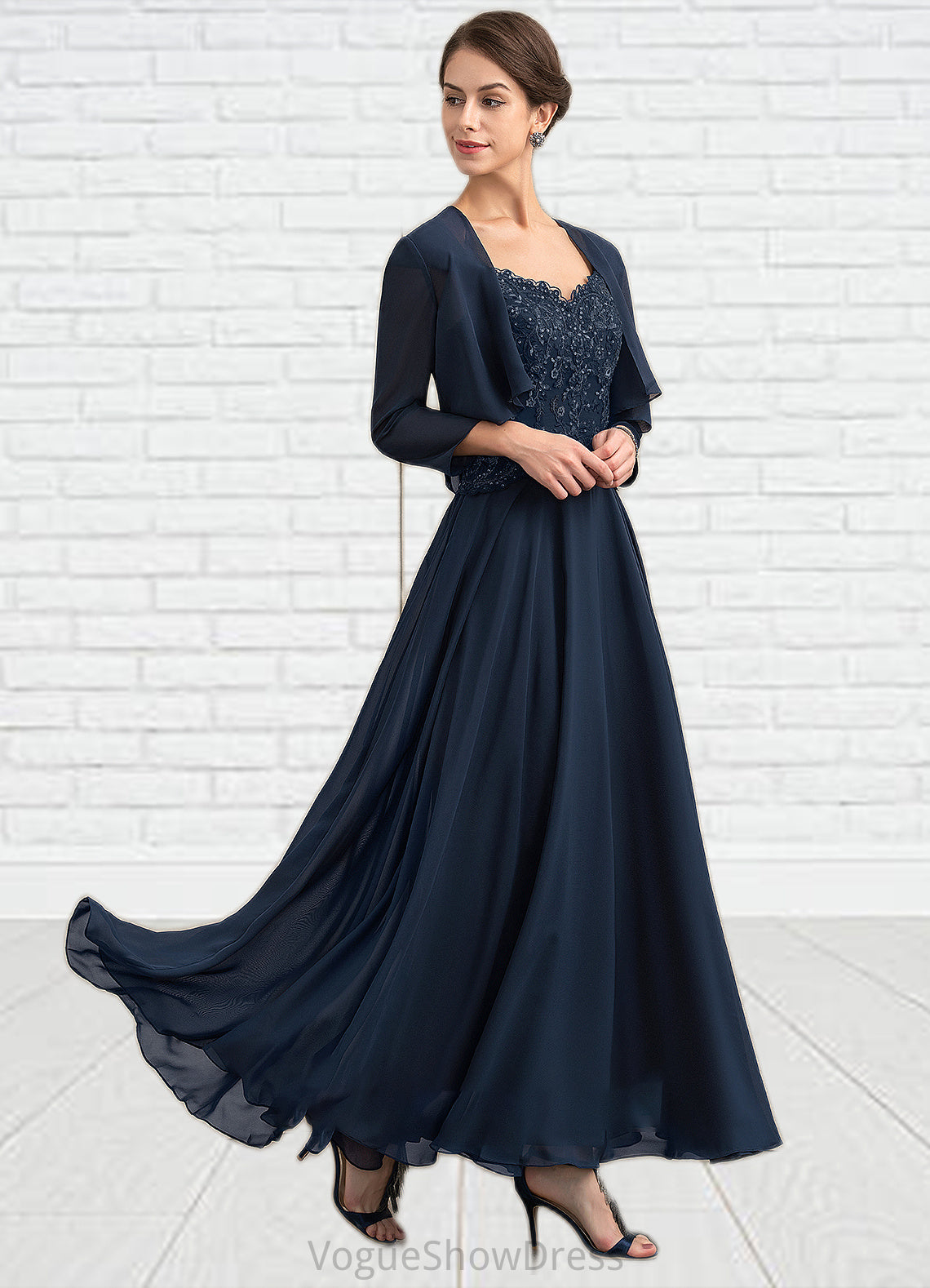 Hazel A-line V-Neck Ankle-Length Chiffon Lace Mother of the Bride Dress With Sequins DL126P0014637