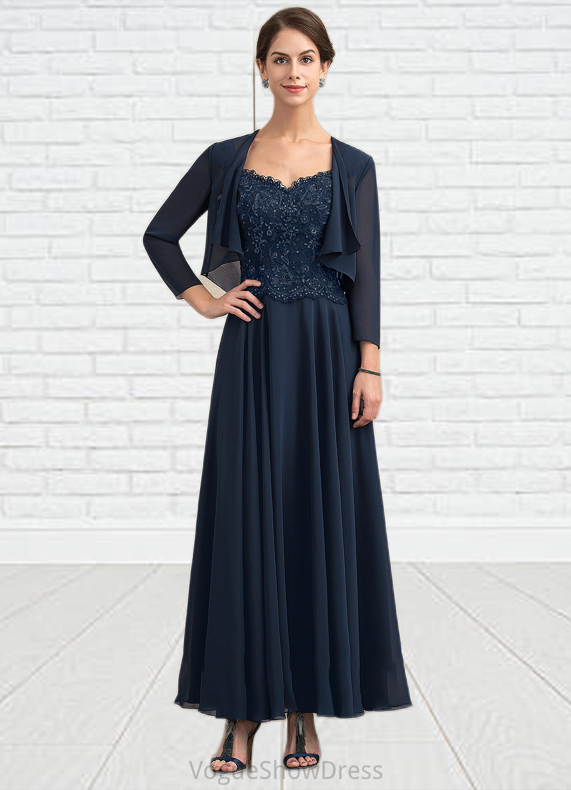 Hazel A-line V-Neck Ankle-Length Chiffon Lace Mother of the Bride Dress With Sequins DL126P0014637