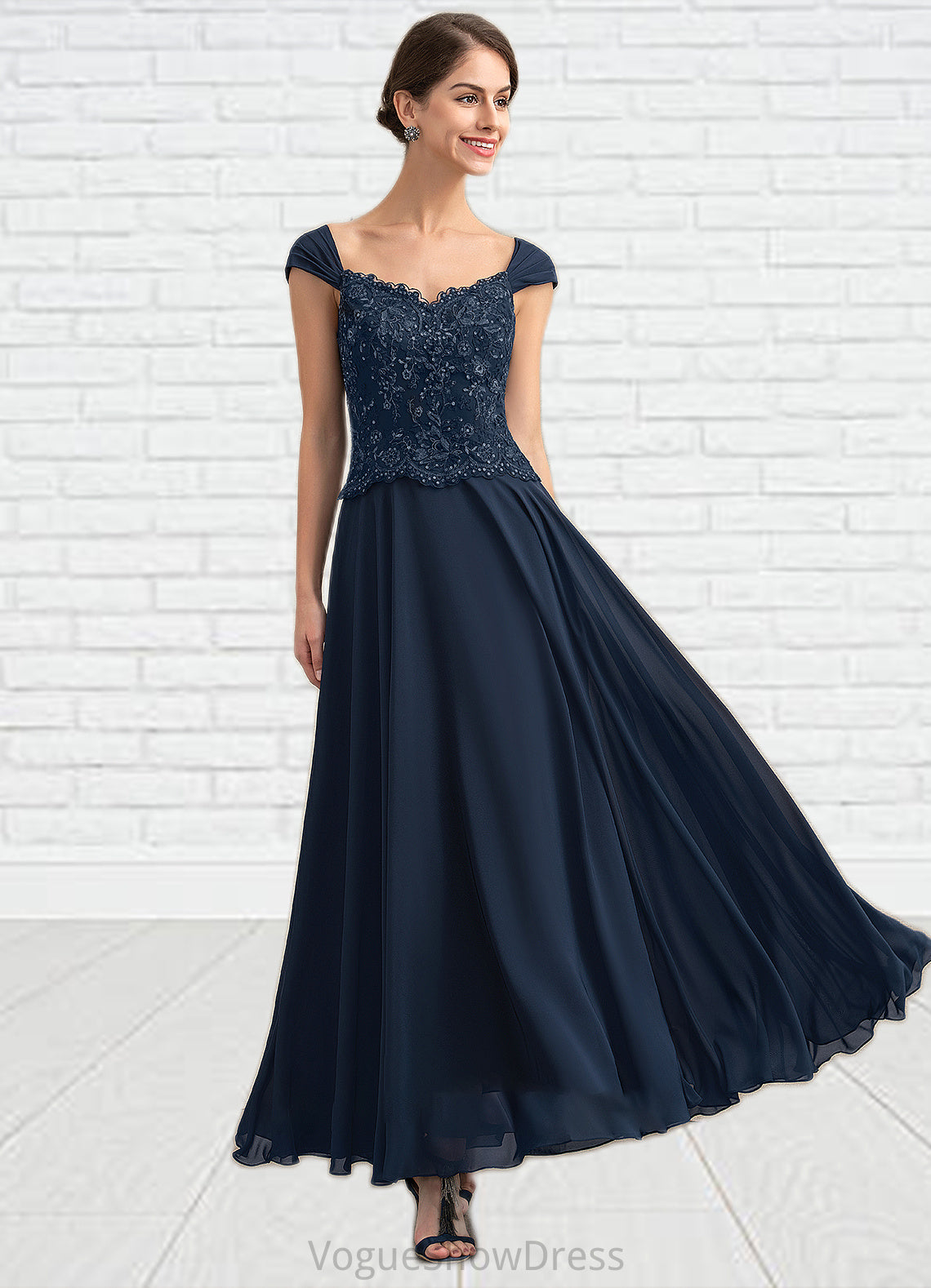 Hazel A-line V-Neck Ankle-Length Chiffon Lace Mother of the Bride Dress With Sequins DL126P0014637