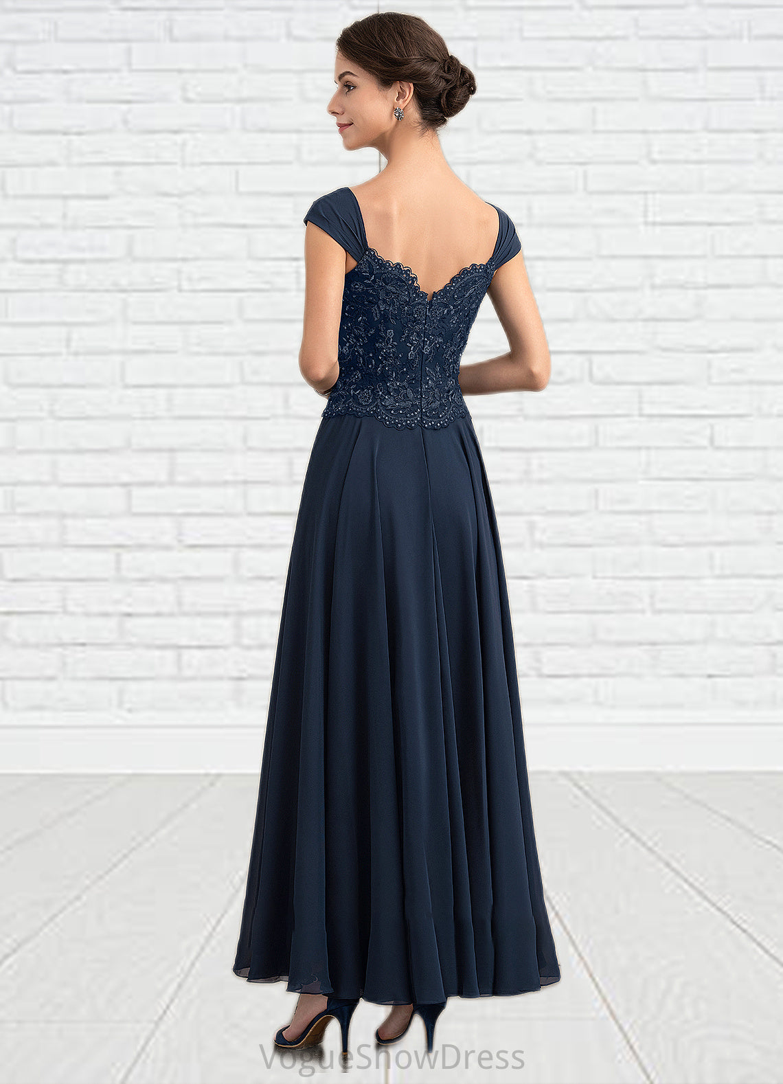 Hazel A-line V-Neck Ankle-Length Chiffon Lace Mother of the Bride Dress With Sequins DL126P0014637