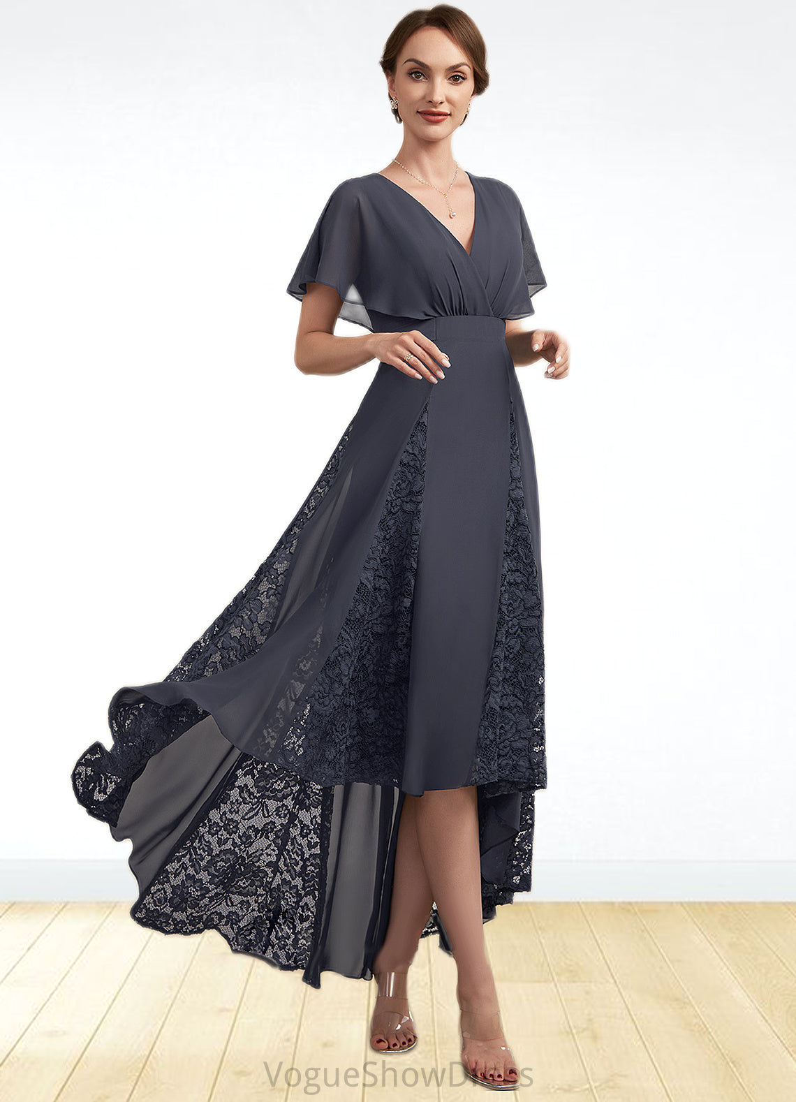 Mandy A-Line V-neck Asymmetrical Chiffon Lace Mother of the Bride Dress With Ruffle DL126P0014638