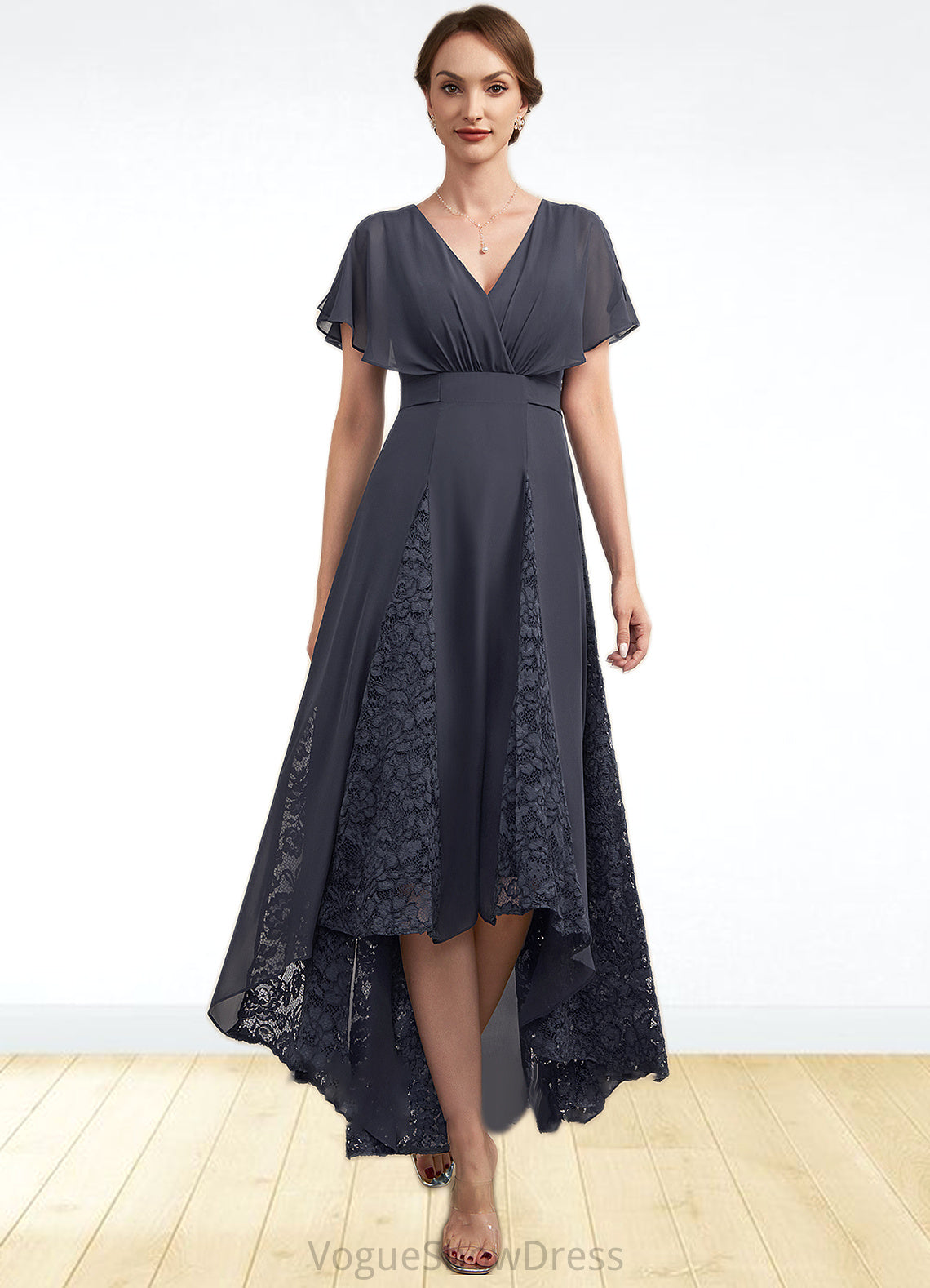 Mandy A-Line V-neck Asymmetrical Chiffon Lace Mother of the Bride Dress With Ruffle DL126P0014638