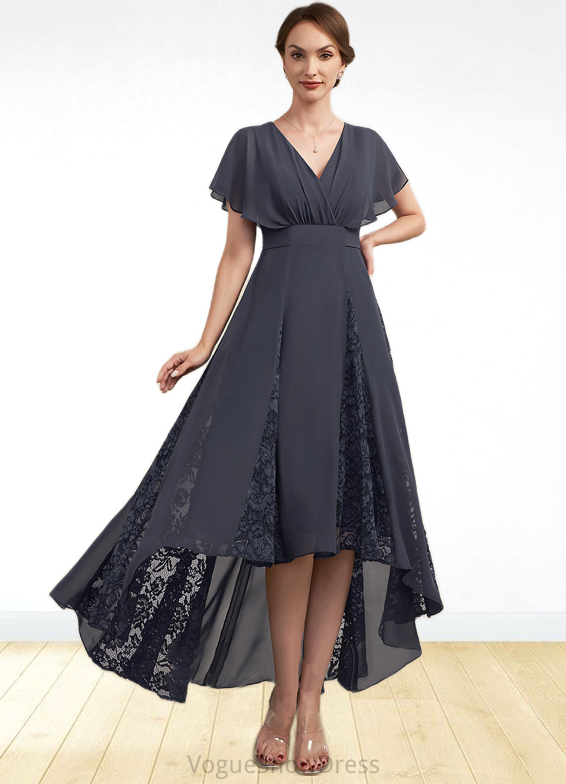 Mandy A-Line V-neck Asymmetrical Chiffon Lace Mother of the Bride Dress With Ruffle DL126P0014638