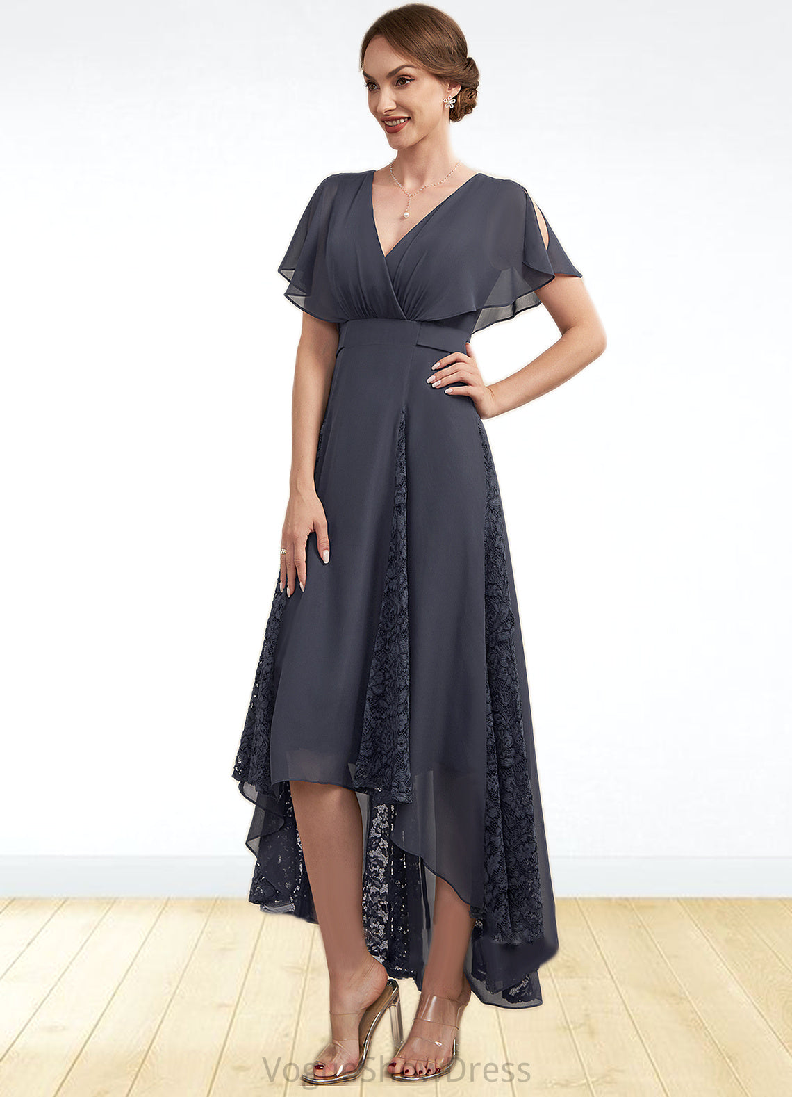 Mandy A-Line V-neck Asymmetrical Chiffon Lace Mother of the Bride Dress With Ruffle DL126P0014638