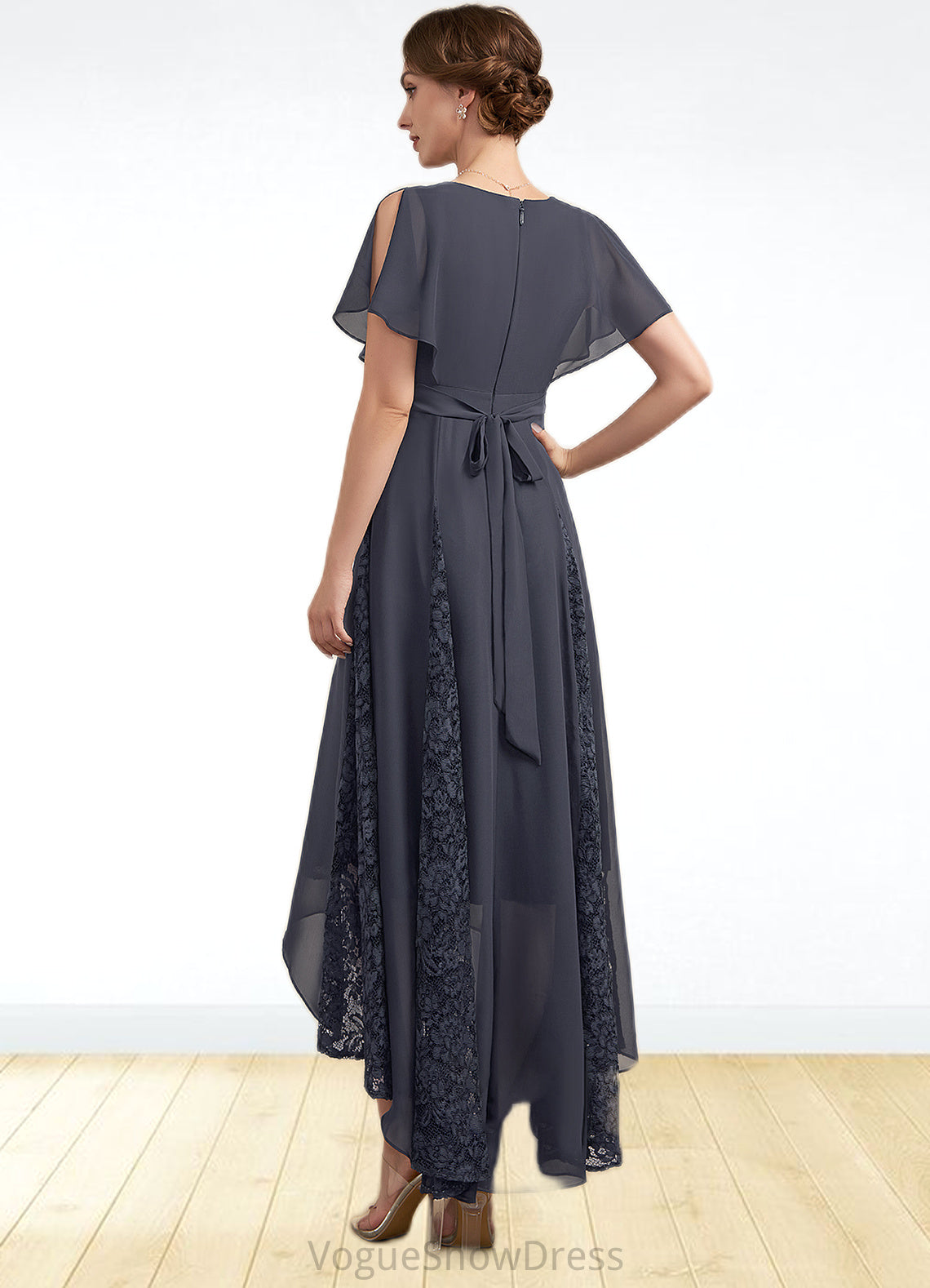 Mandy A-Line V-neck Asymmetrical Chiffon Lace Mother of the Bride Dress With Ruffle DL126P0014638