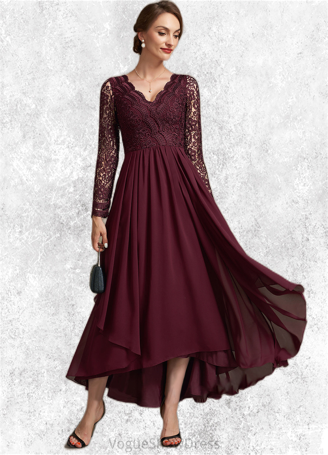 Nevaeh A-line V-Neck Asymmetrical Chiffon Lace Mother of the Bride Dress DL126P0014640