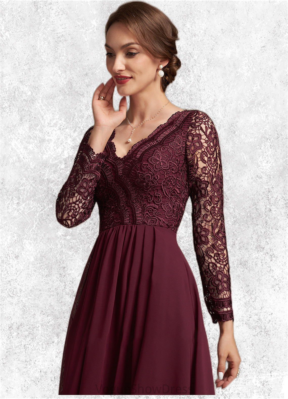 Nevaeh A-line V-Neck Asymmetrical Chiffon Lace Mother of the Bride Dress DL126P0014640