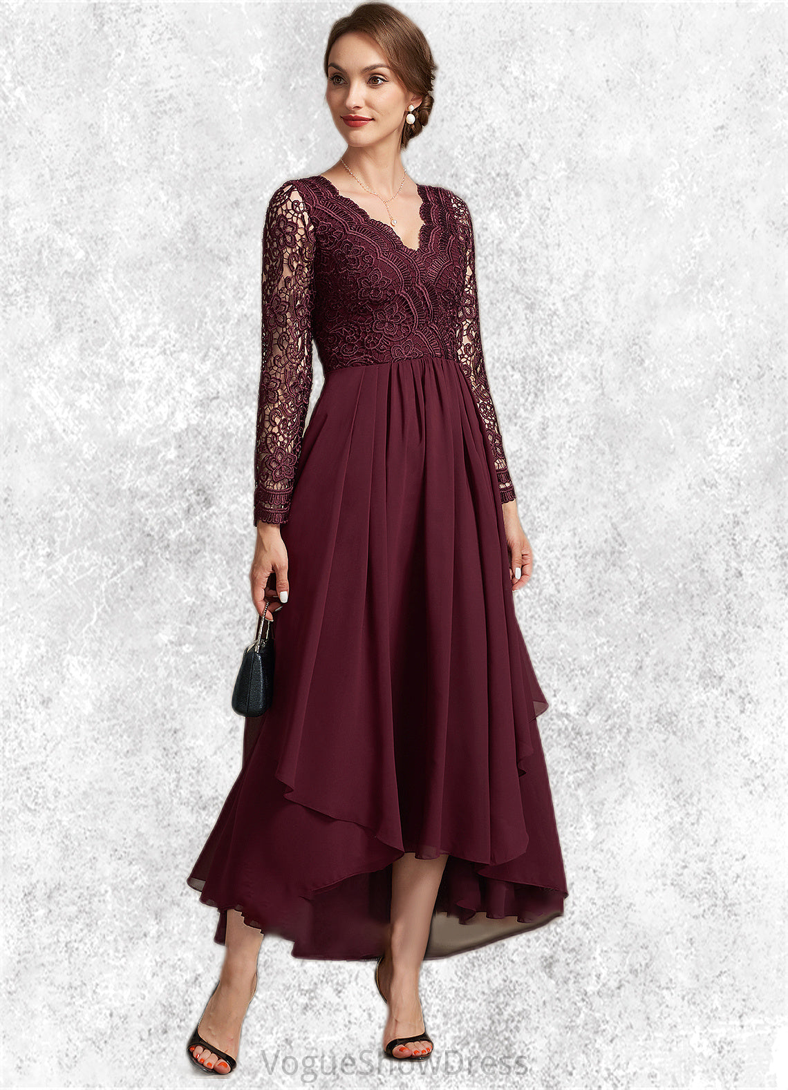 Nevaeh A-line V-Neck Asymmetrical Chiffon Lace Mother of the Bride Dress DL126P0014640