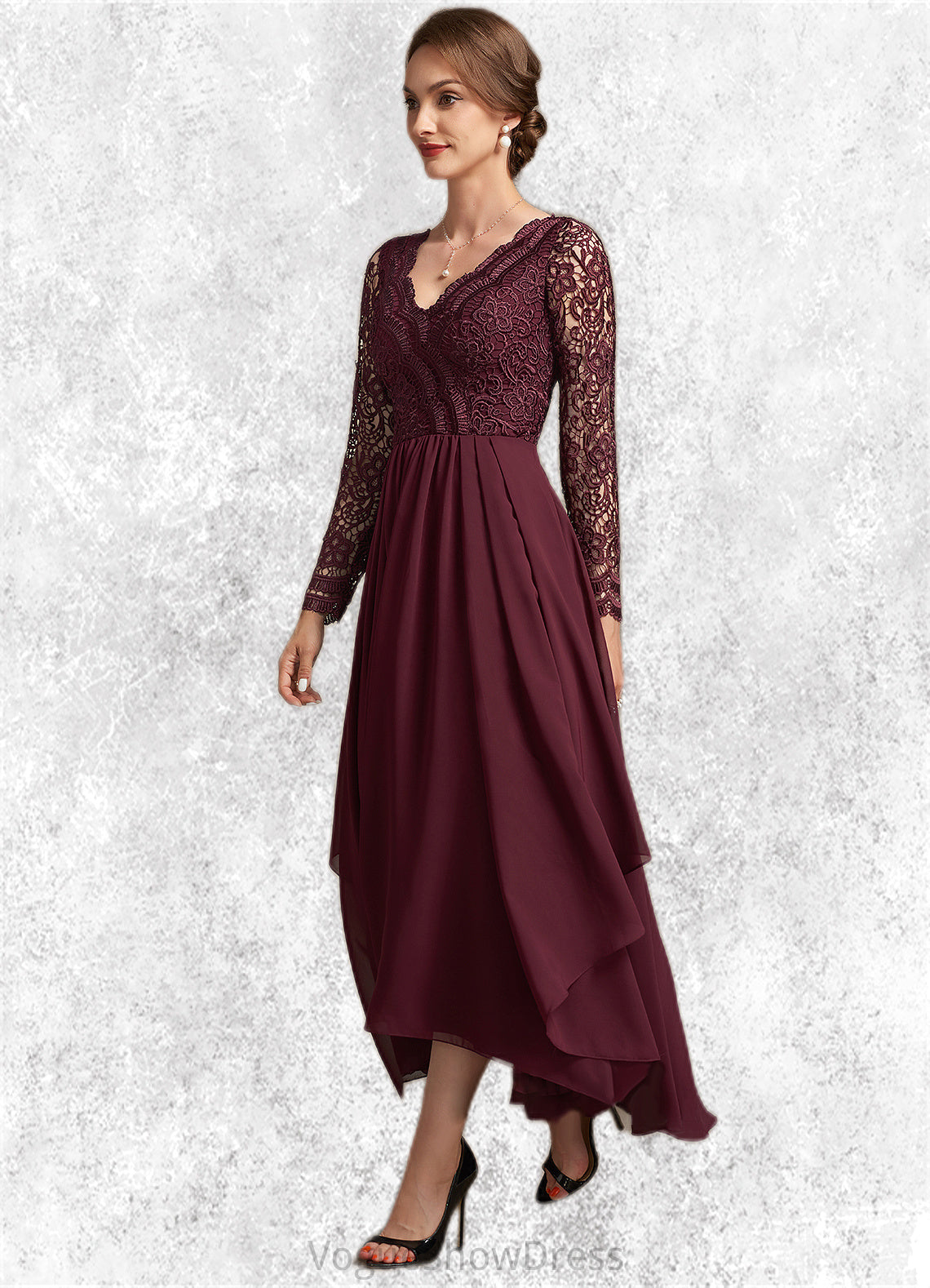 Nevaeh A-line V-Neck Asymmetrical Chiffon Lace Mother of the Bride Dress DL126P0014640