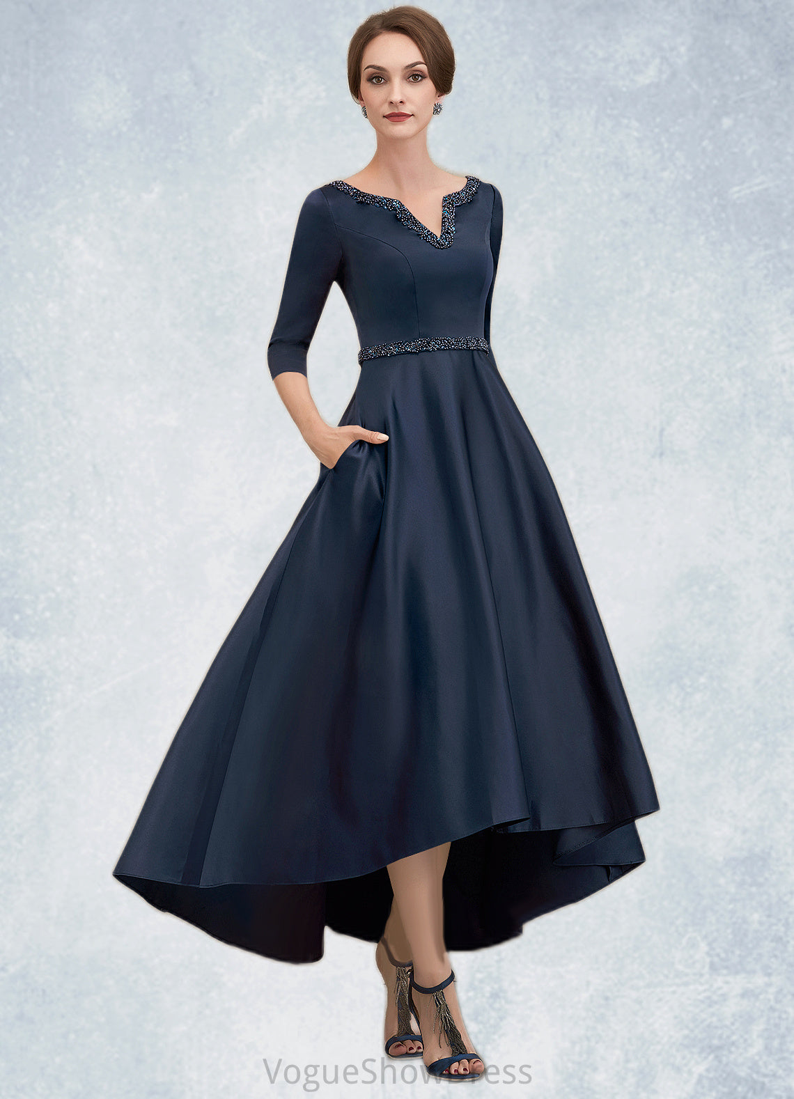 Krystal A-Line V-neck Asymmetrical Satin Mother of the Bride Dress With Beading Sequins Pockets DL126P0014641