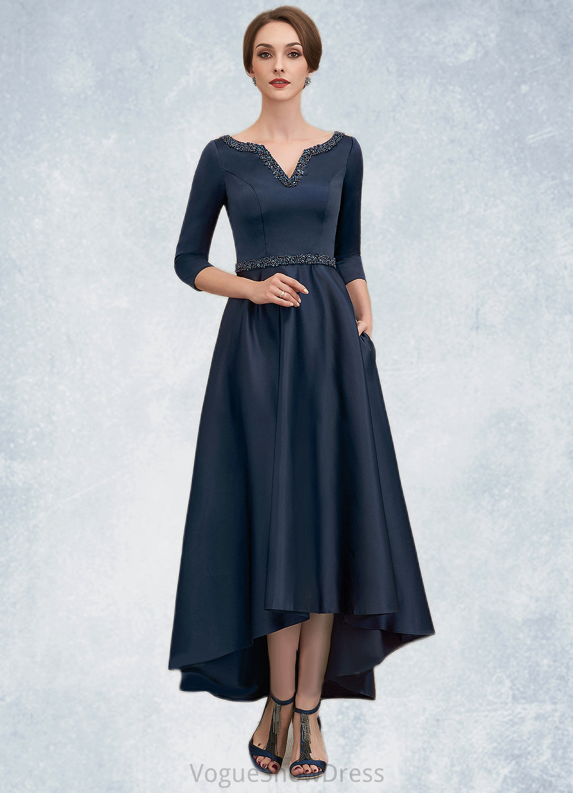 Krystal A-Line V-neck Asymmetrical Satin Mother of the Bride Dress With Beading Sequins Pockets DL126P0014641