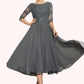 Yaritza A-Line Scoop Neck Tea-Length Chiffon Lace Mother of the Bride Dress With Sequins DL126P0014642