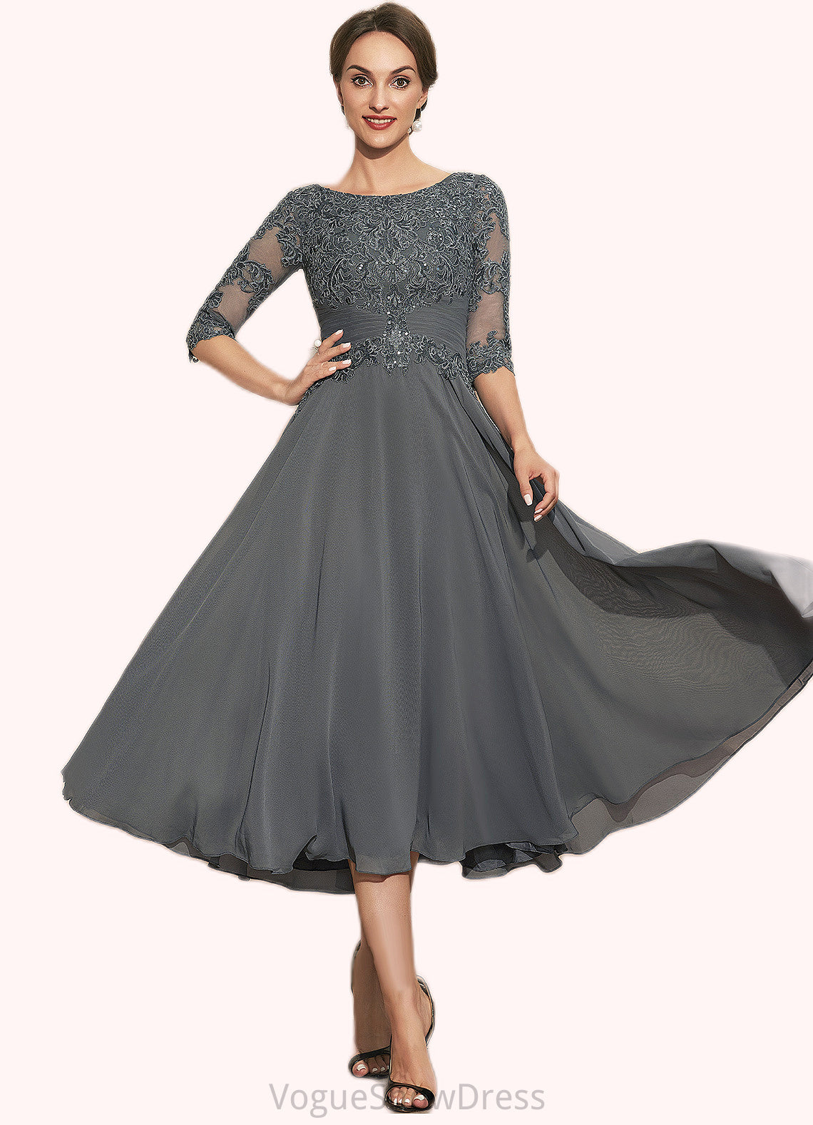 Yaritza A-Line Scoop Neck Tea-Length Chiffon Lace Mother of the Bride Dress With Sequins DL126P0014642