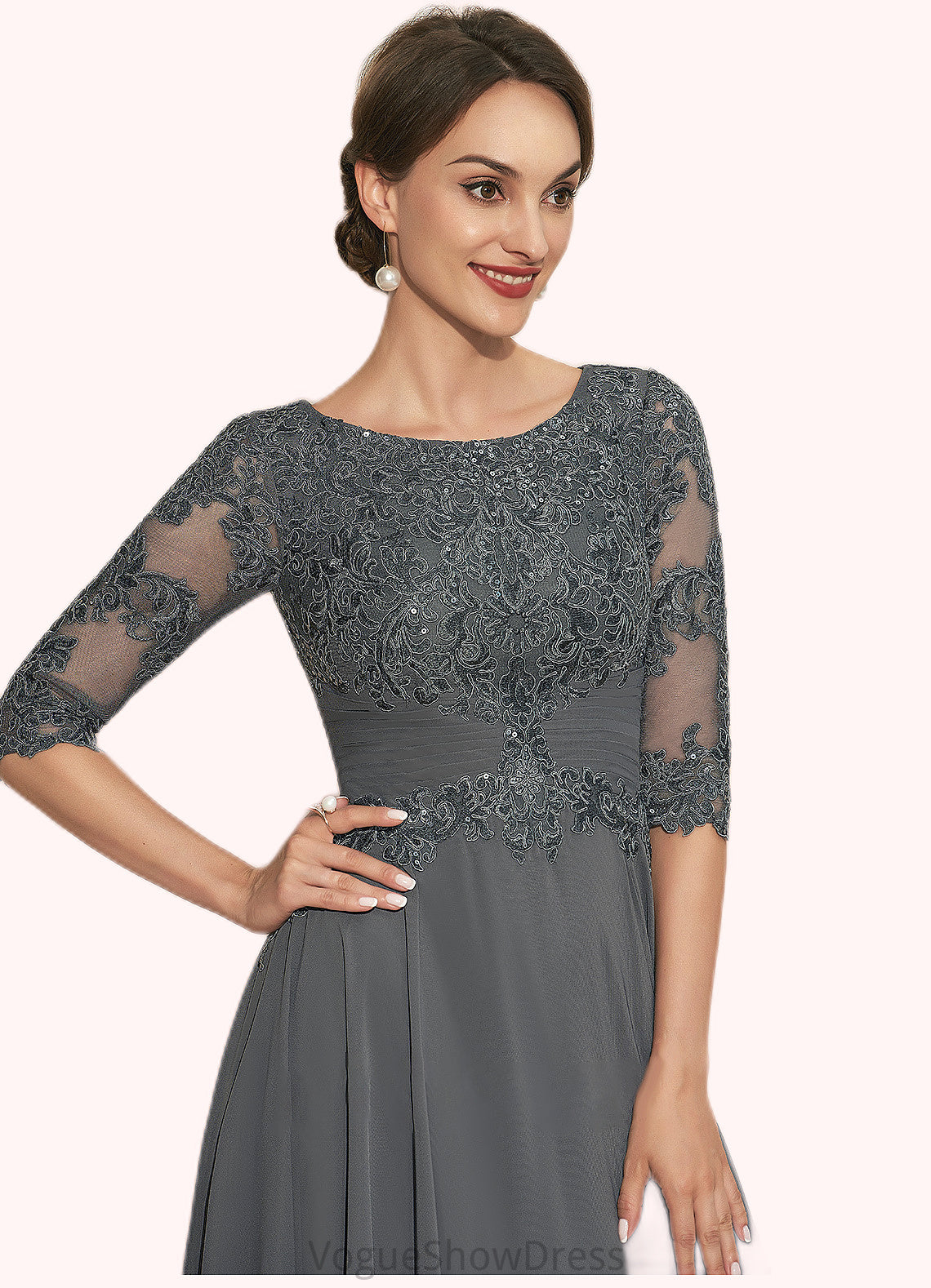 Yaritza A-Line Scoop Neck Tea-Length Chiffon Lace Mother of the Bride Dress With Sequins DL126P0014642