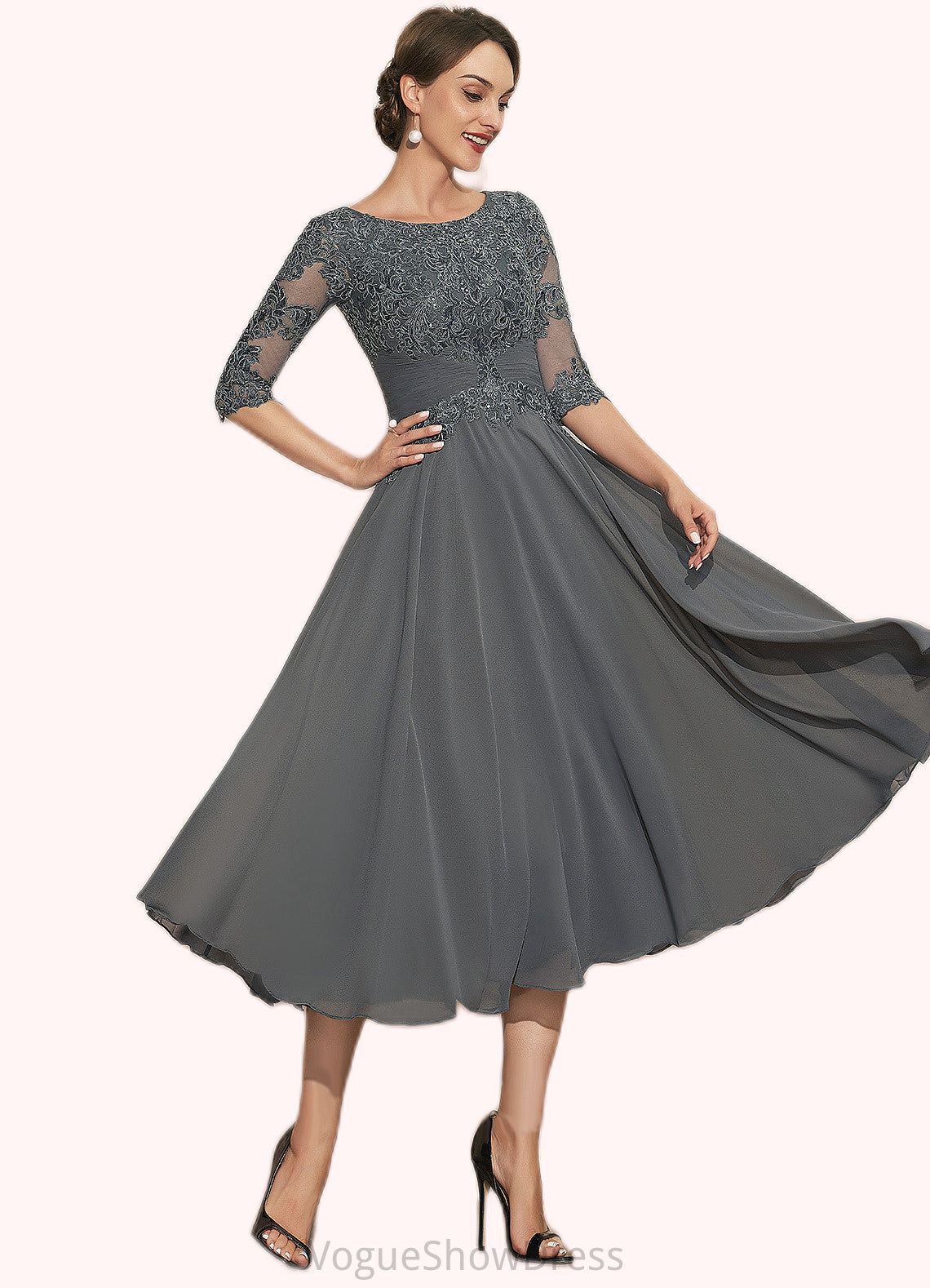 Yaritza A-Line Scoop Neck Tea-Length Chiffon Lace Mother of the Bride Dress With Sequins DL126P0014642