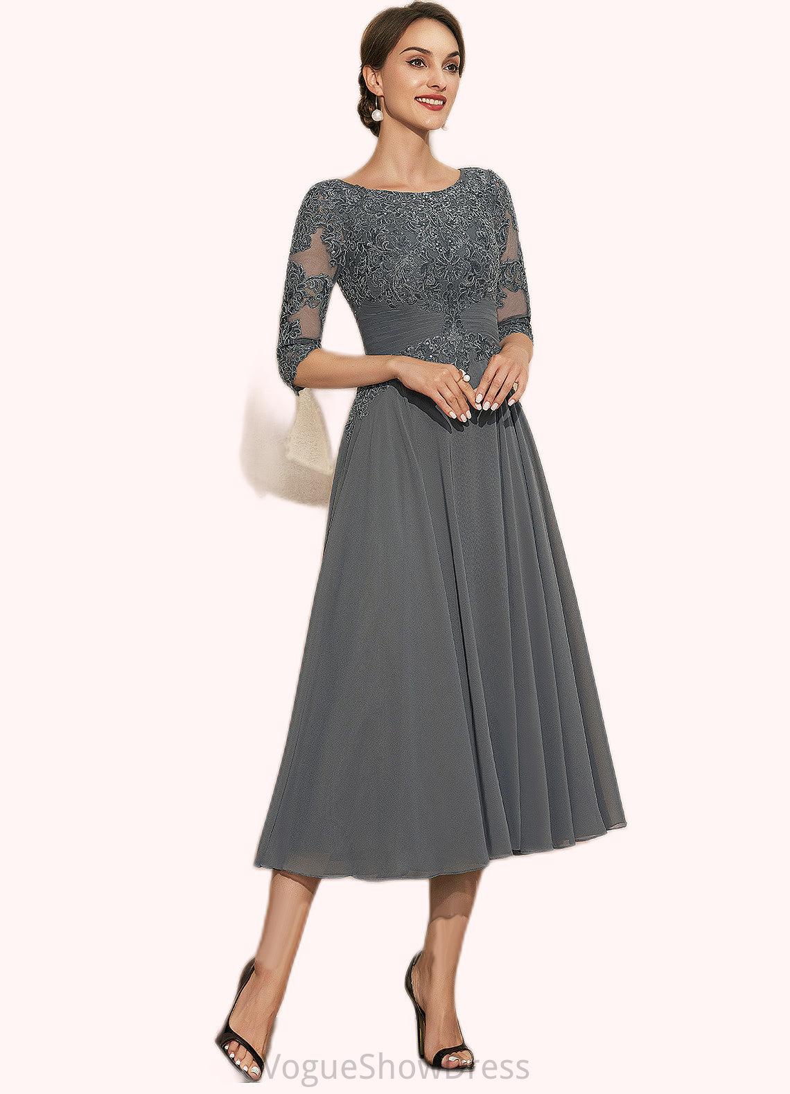 Yaritza A-Line Scoop Neck Tea-Length Chiffon Lace Mother of the Bride Dress With Sequins DL126P0014642