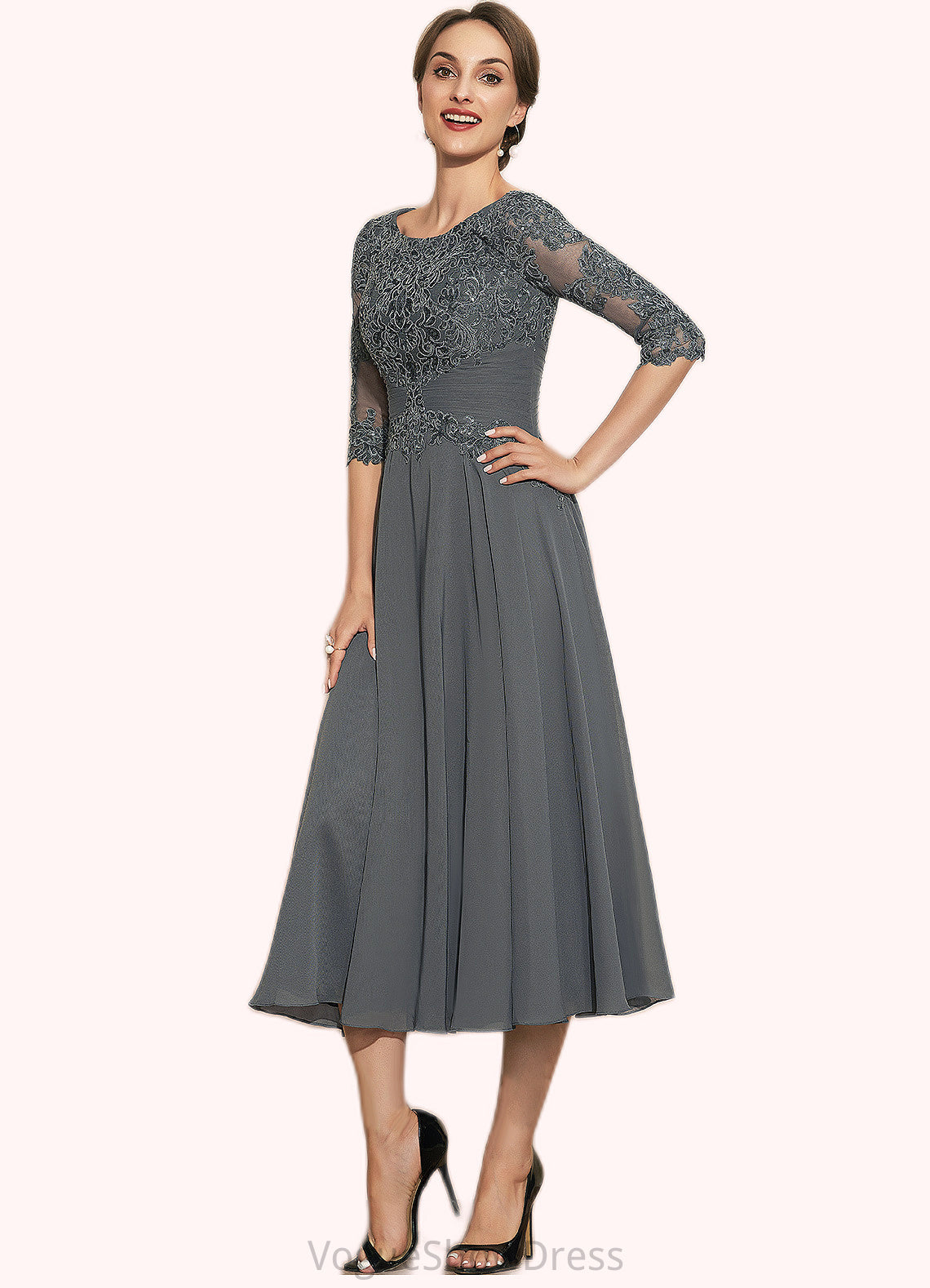 Yaritza A-Line Scoop Neck Tea-Length Chiffon Lace Mother of the Bride Dress With Sequins DL126P0014642