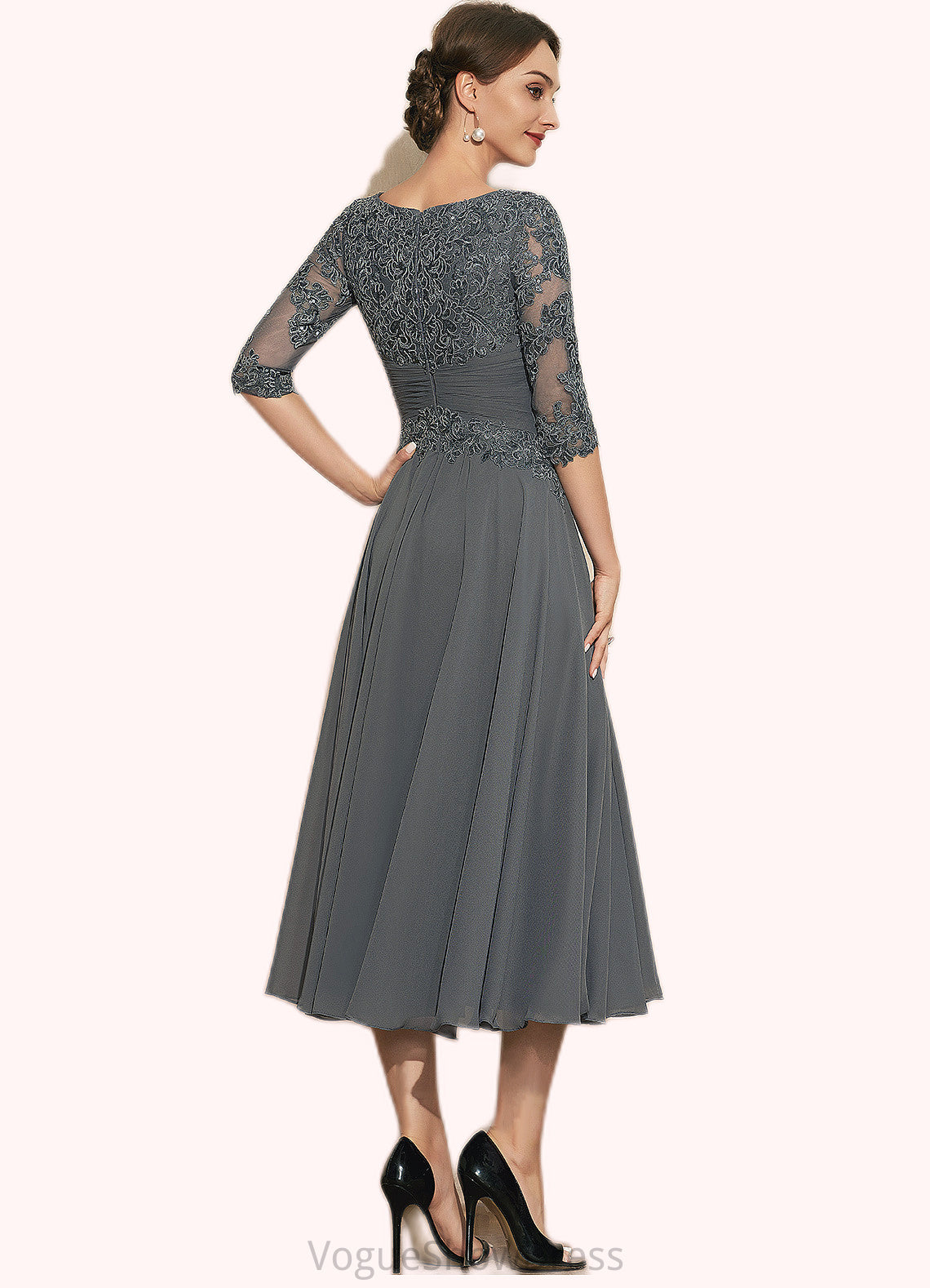 Yaritza A-Line Scoop Neck Tea-Length Chiffon Lace Mother of the Bride Dress With Sequins DL126P0014642