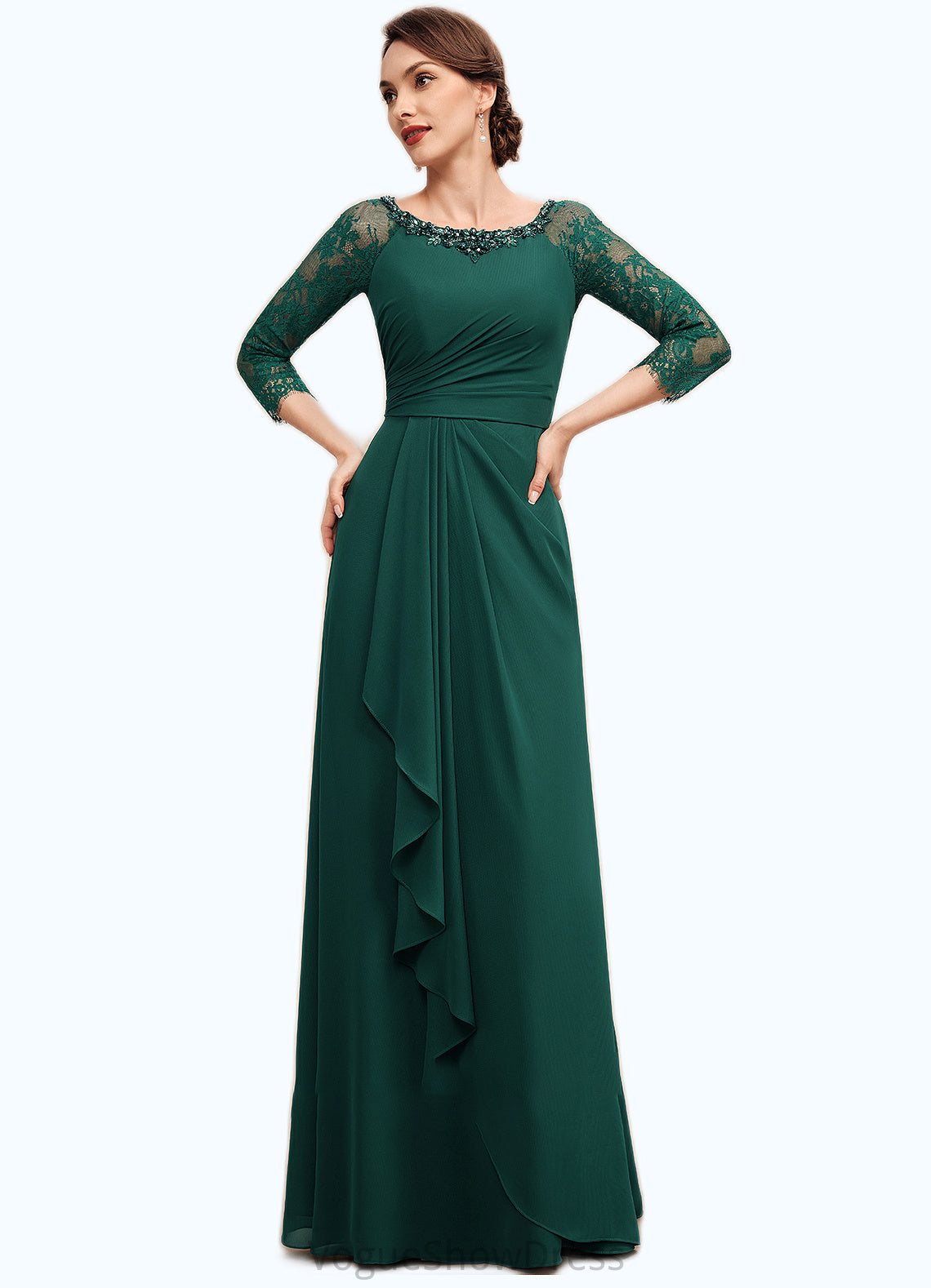 Lauryn A-Line Scoop Neck Floor-Length Chiffon Lace Mother of the Bride Dress With Beading Cascading Ruffles DL126P0014643