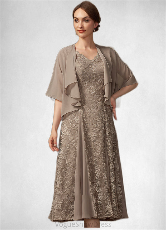 Cheyanne A-line V-Neck Tea-Length Chiffon Lace Mother of the Bride Dress DL126P0014644