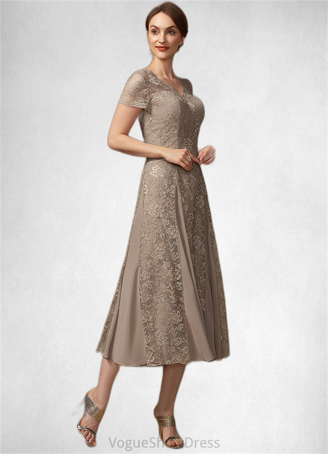 Cheyanne A-line V-Neck Tea-Length Chiffon Lace Mother of the Bride Dress DL126P0014644