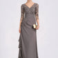 Logan A-line V-Neck Floor-Length Chiffon Lace Mother of the Bride Dress With Cascading Ruffles DL126P0014645