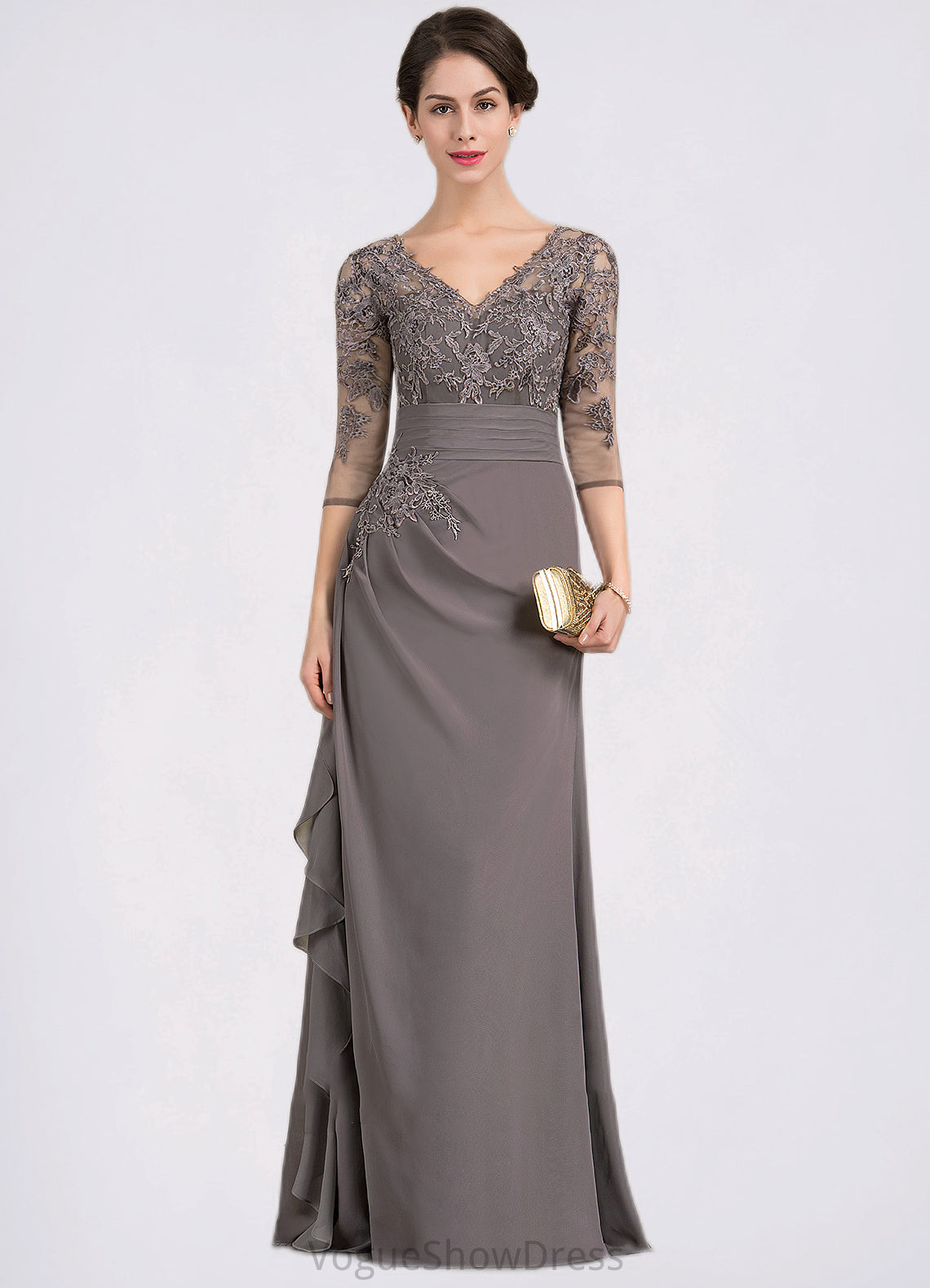 Logan A-line V-Neck Floor-Length Chiffon Lace Mother of the Bride Dress With Cascading Ruffles DL126P0014645