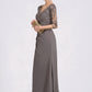 Logan A-line V-Neck Floor-Length Chiffon Lace Mother of the Bride Dress With Cascading Ruffles DL126P0014645