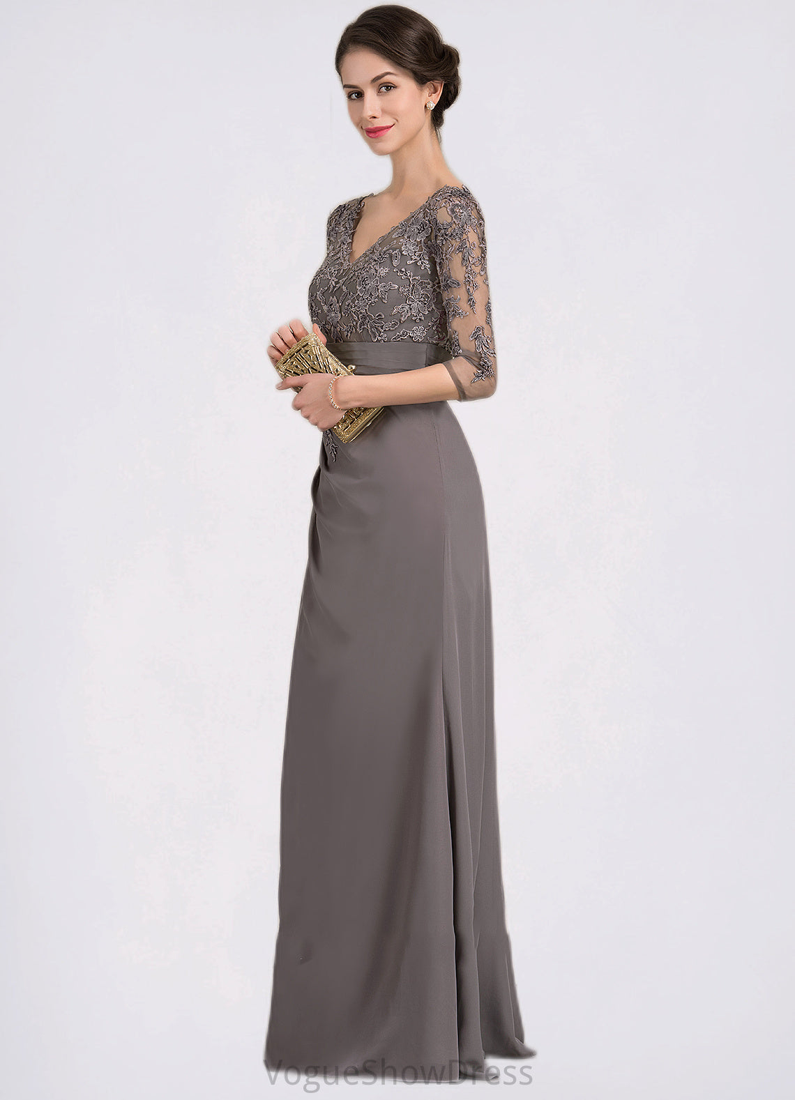 Logan A-line V-Neck Floor-Length Chiffon Lace Mother of the Bride Dress With Cascading Ruffles DL126P0014645