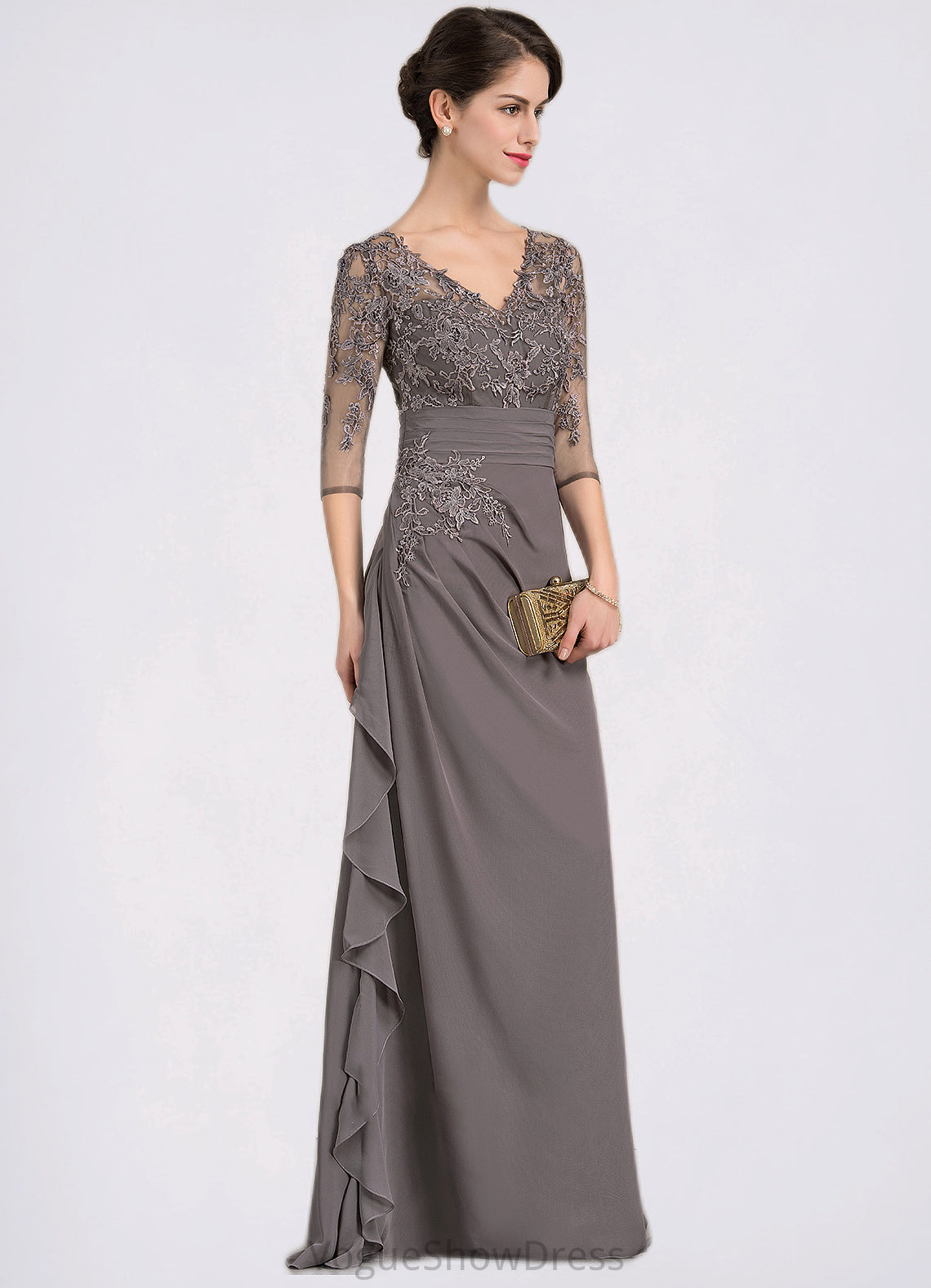 Logan A-line V-Neck Floor-Length Chiffon Lace Mother of the Bride Dress With Cascading Ruffles DL126P0014645