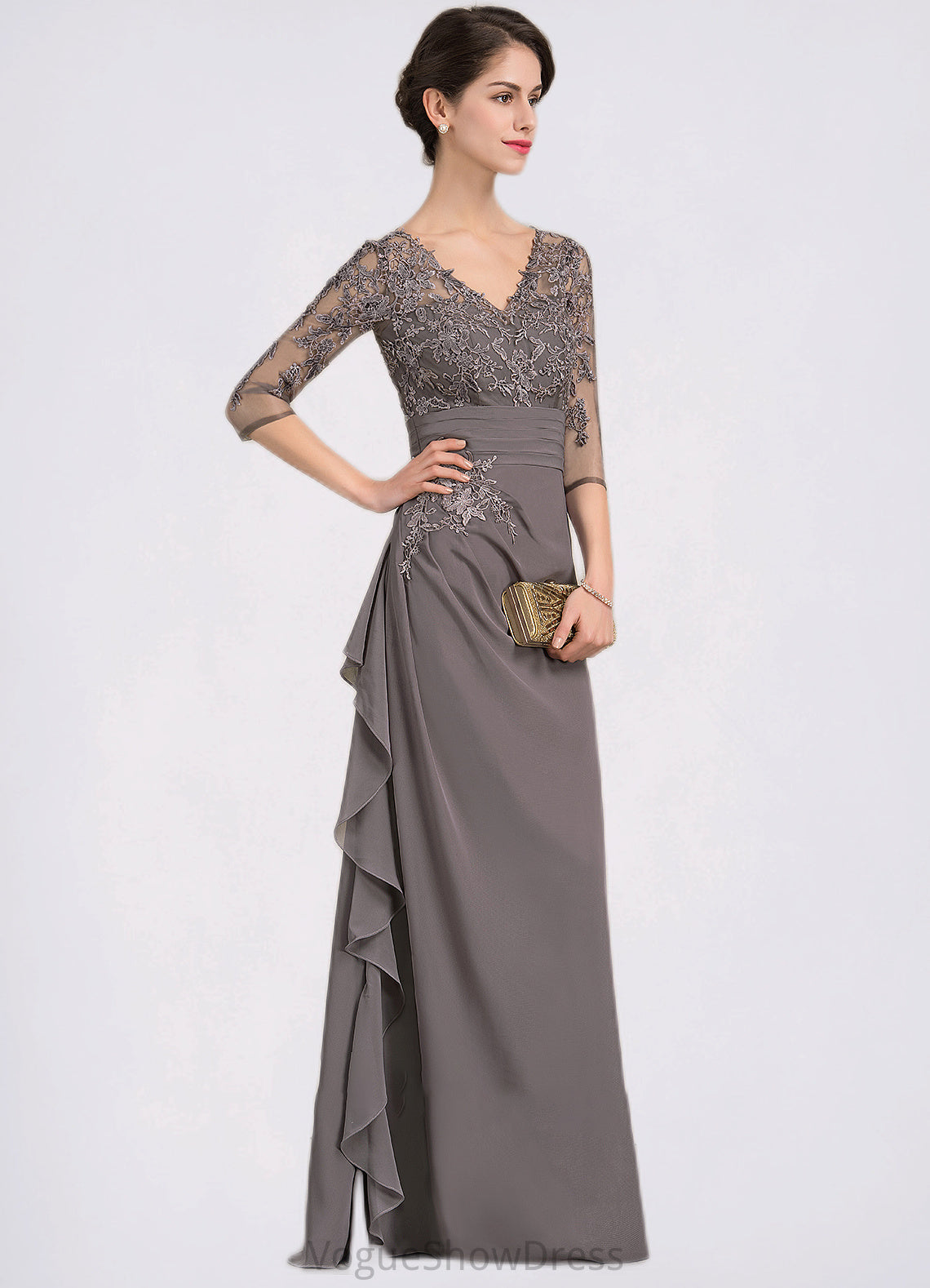 Logan A-line V-Neck Floor-Length Chiffon Lace Mother of the Bride Dress With Cascading Ruffles DL126P0014645