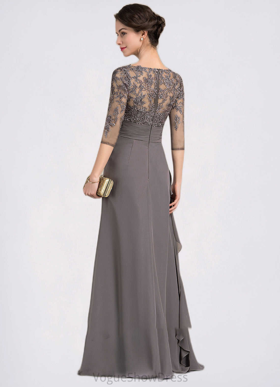 Logan A-line V-Neck Floor-Length Chiffon Lace Mother of the Bride Dress With Cascading Ruffles DL126P0014645