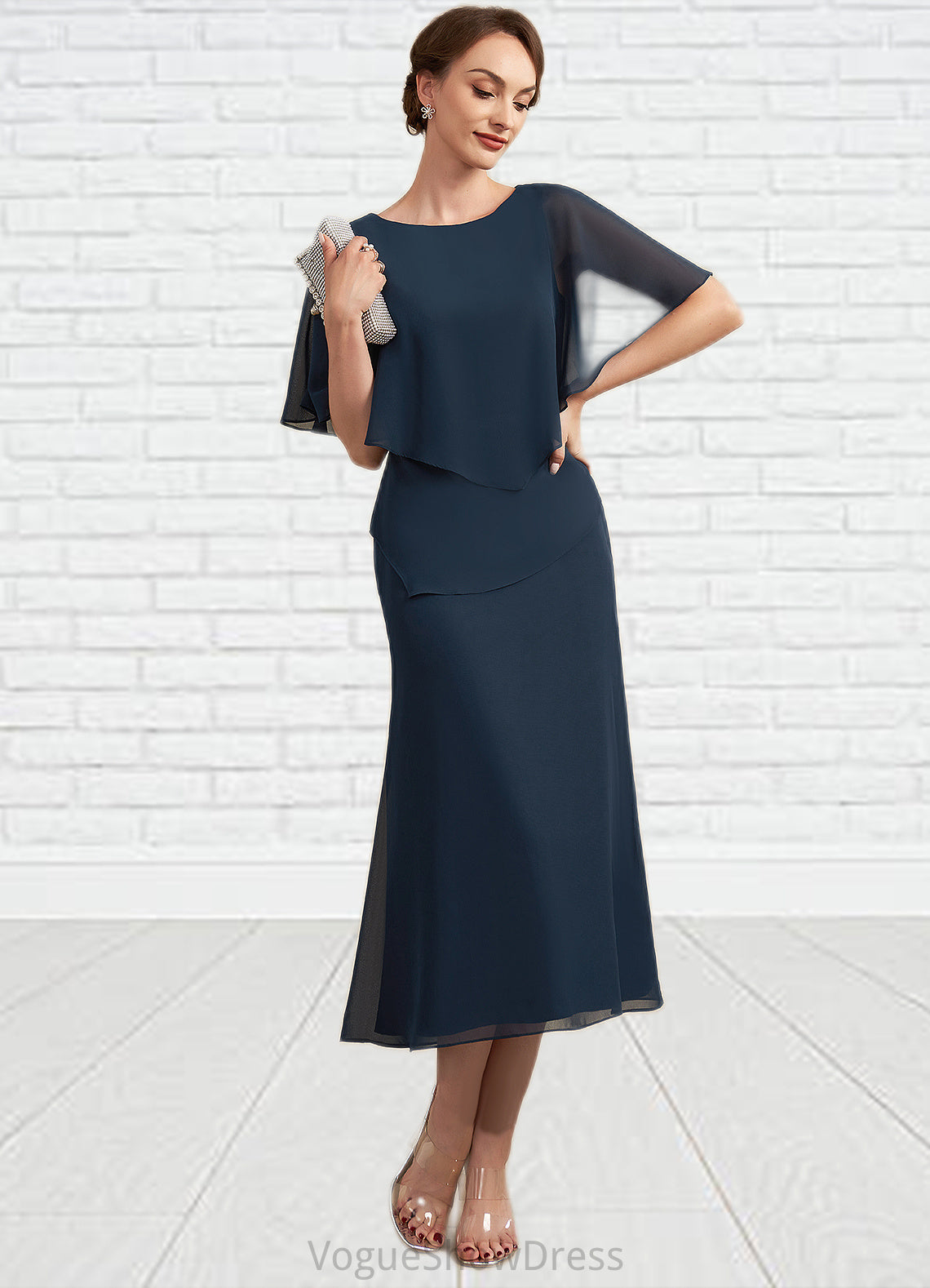 Cora Sheath/Column Scoop Neck Tea-Length Chiffon Mother of the Bride Dress DL126P0014646