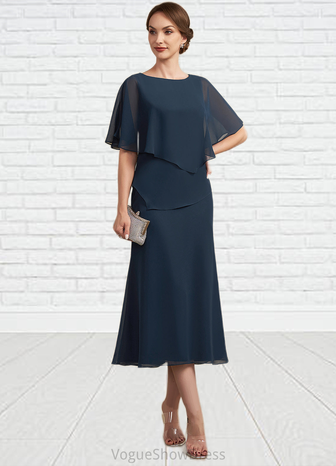 Cora Sheath/Column Scoop Neck Tea-Length Chiffon Mother of the Bride Dress DL126P0014646