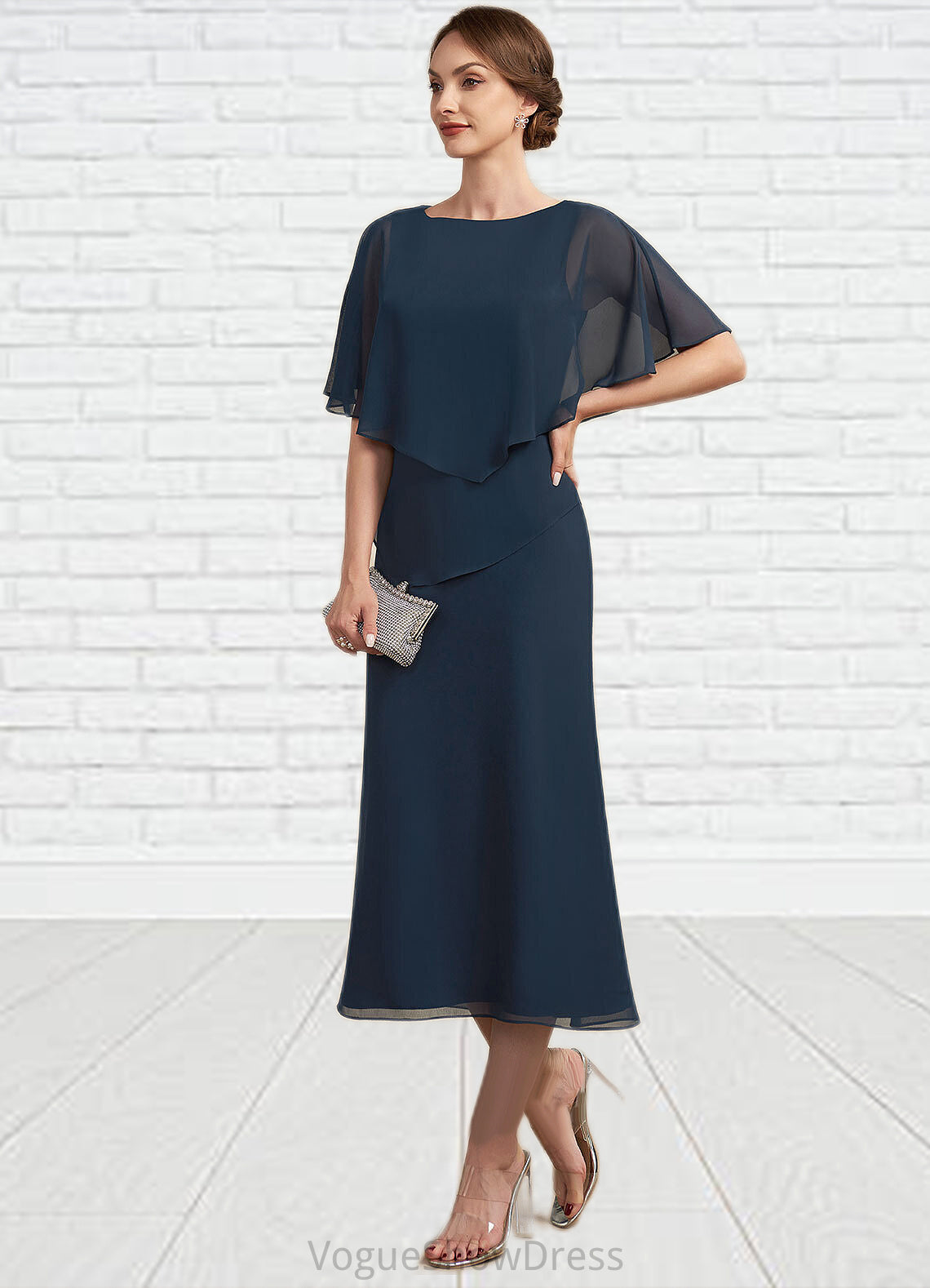 Cora Sheath/Column Scoop Neck Tea-Length Chiffon Mother of the Bride Dress DL126P0014646