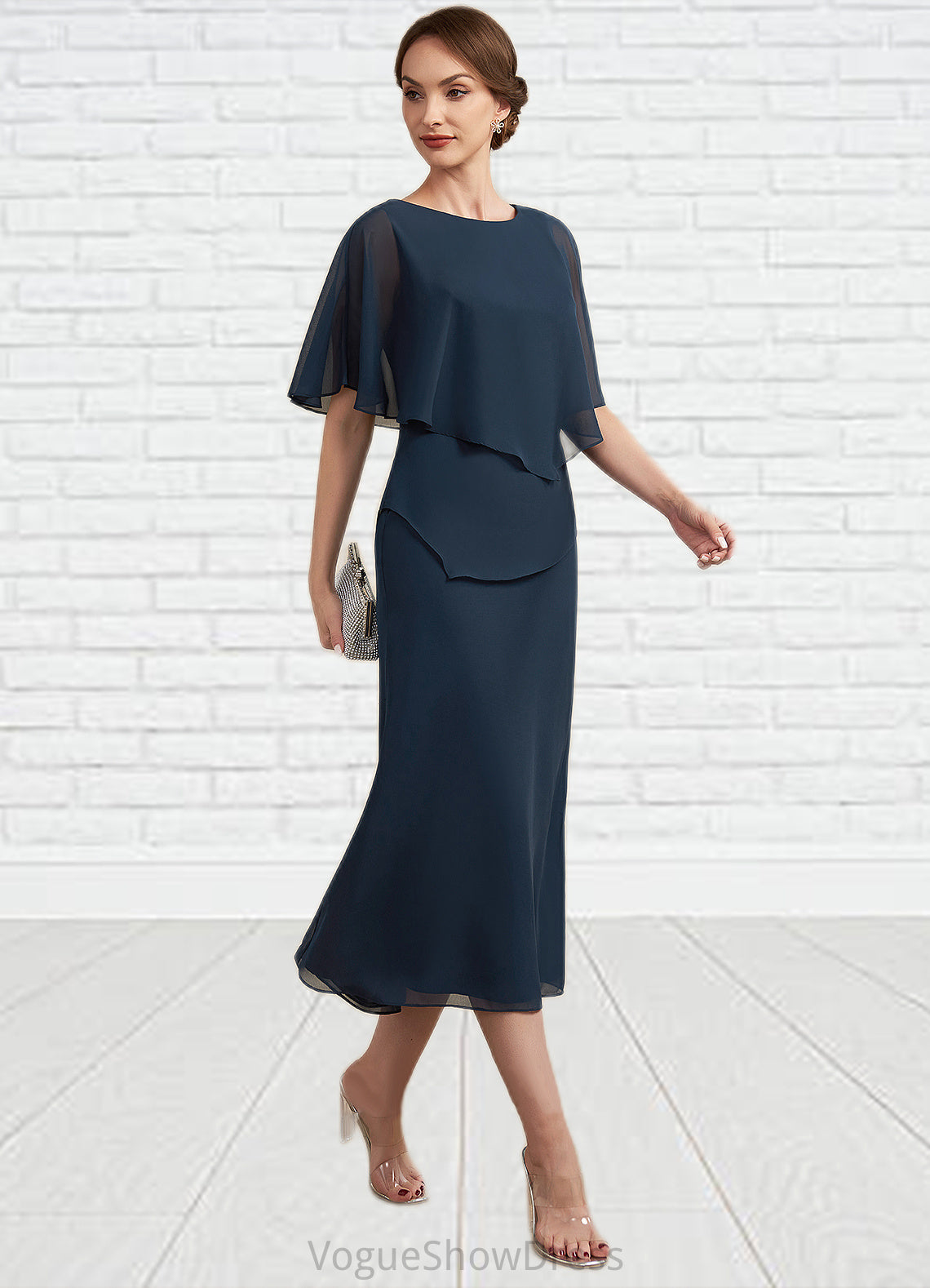 Cora Sheath/Column Scoop Neck Tea-Length Chiffon Mother of the Bride Dress DL126P0014646