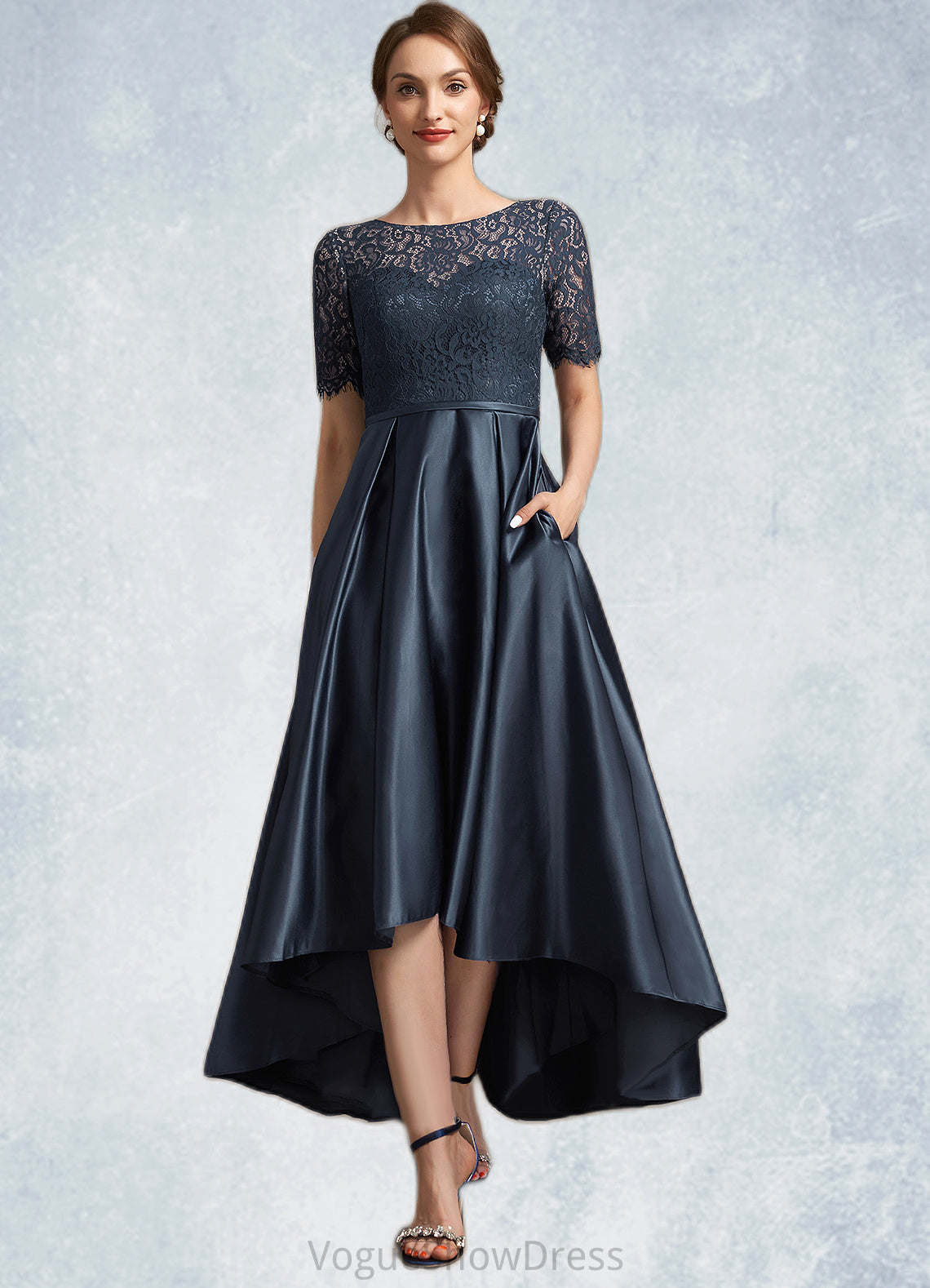 Emerson A-Line Scoop Neck Asymmetrical Satin Lace Mother of the Bride Dress DL126P0014647